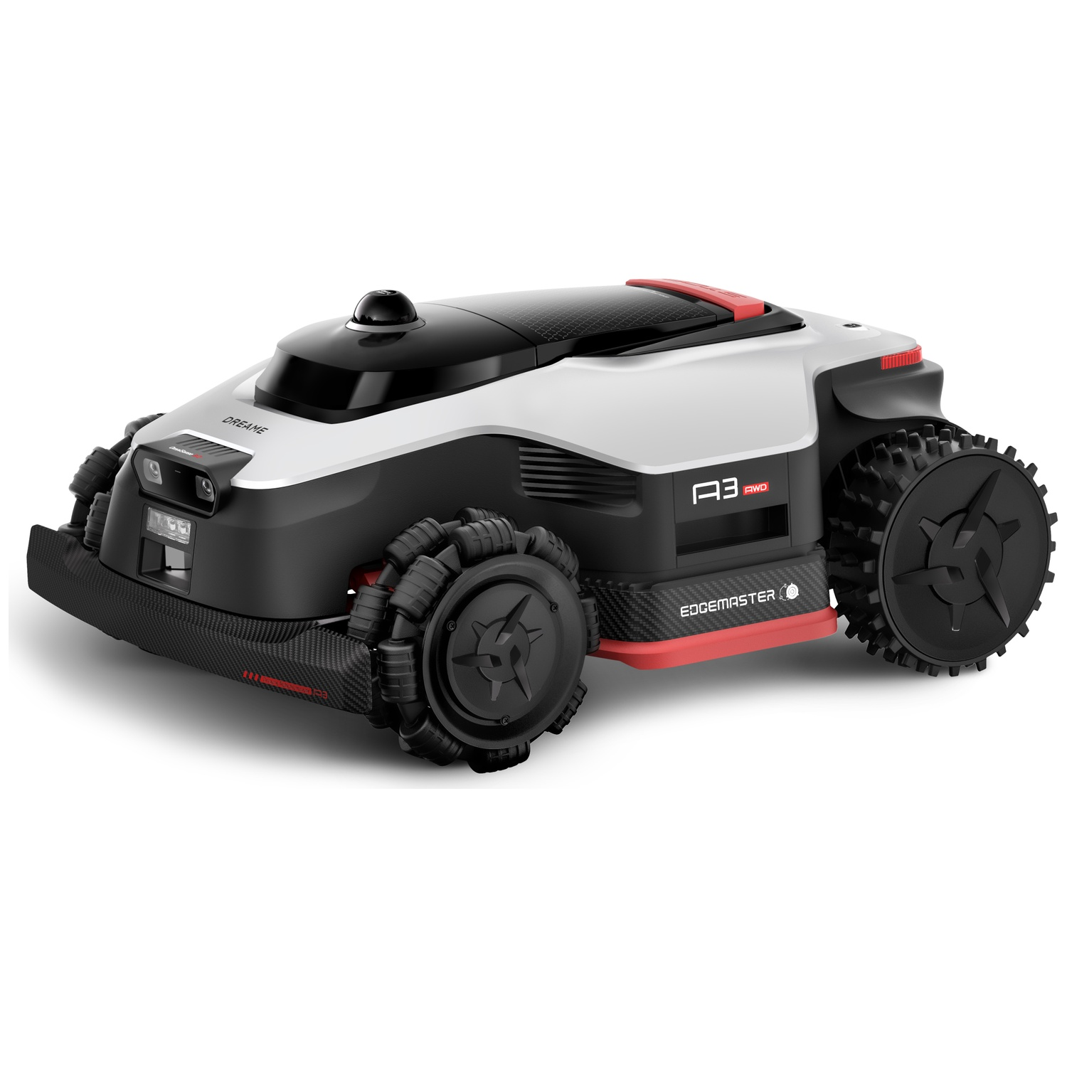 A white and black robotic lawn mower with large black wheels and red accents.