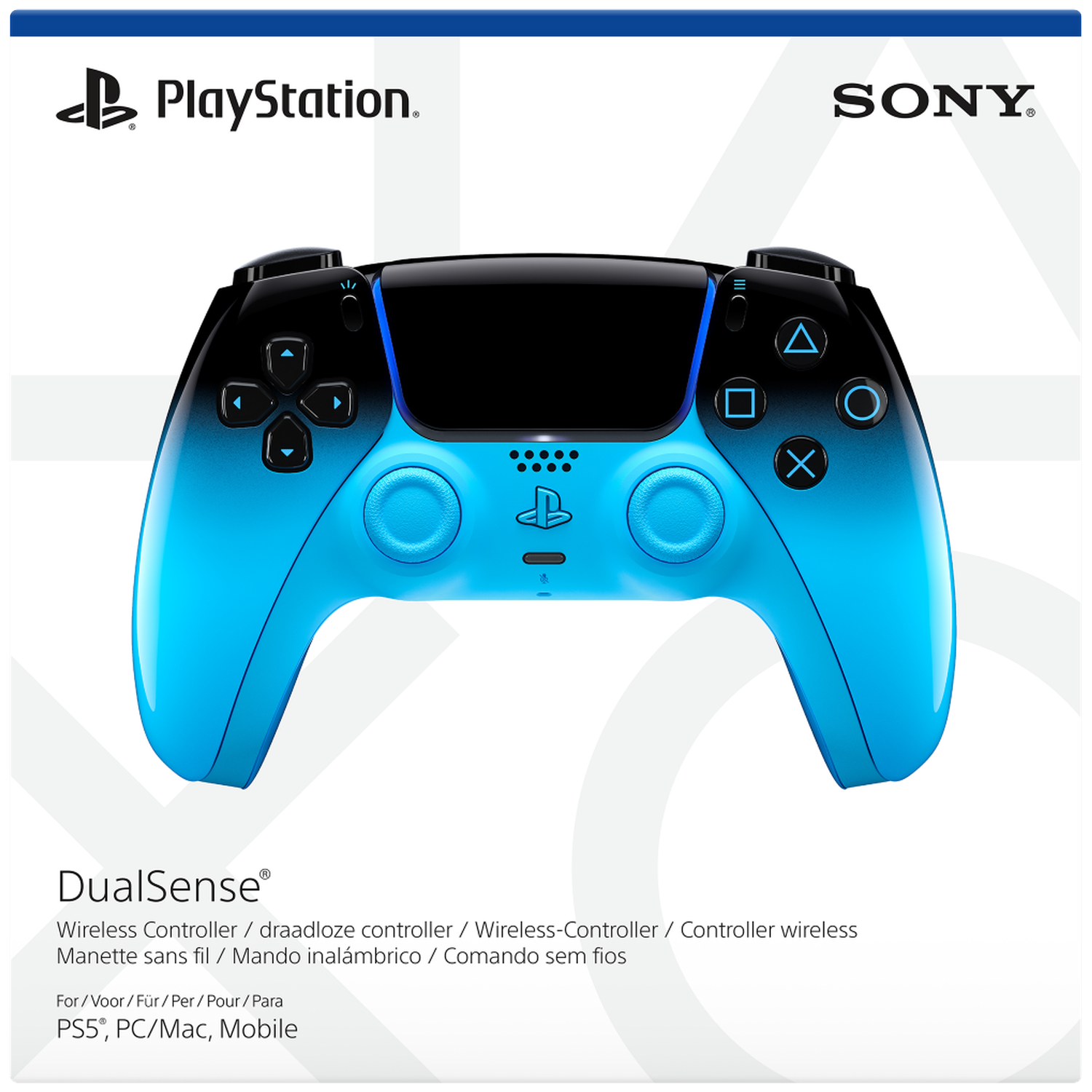 Een blauwe en zwarte PlayStation DualSense controller met Sony en PlayStation logo's.