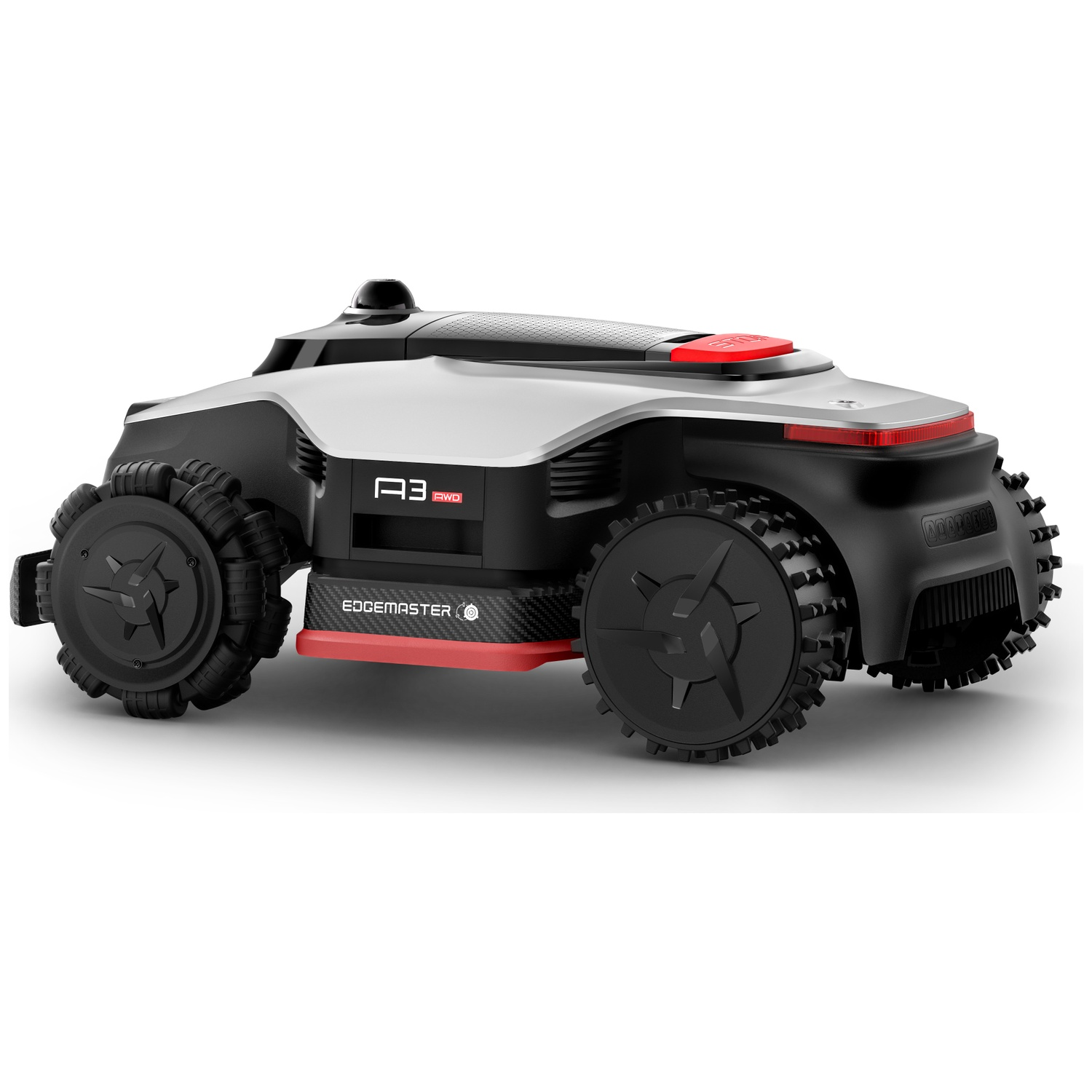A white and black robotic lawn mower with red accents, on a white background.