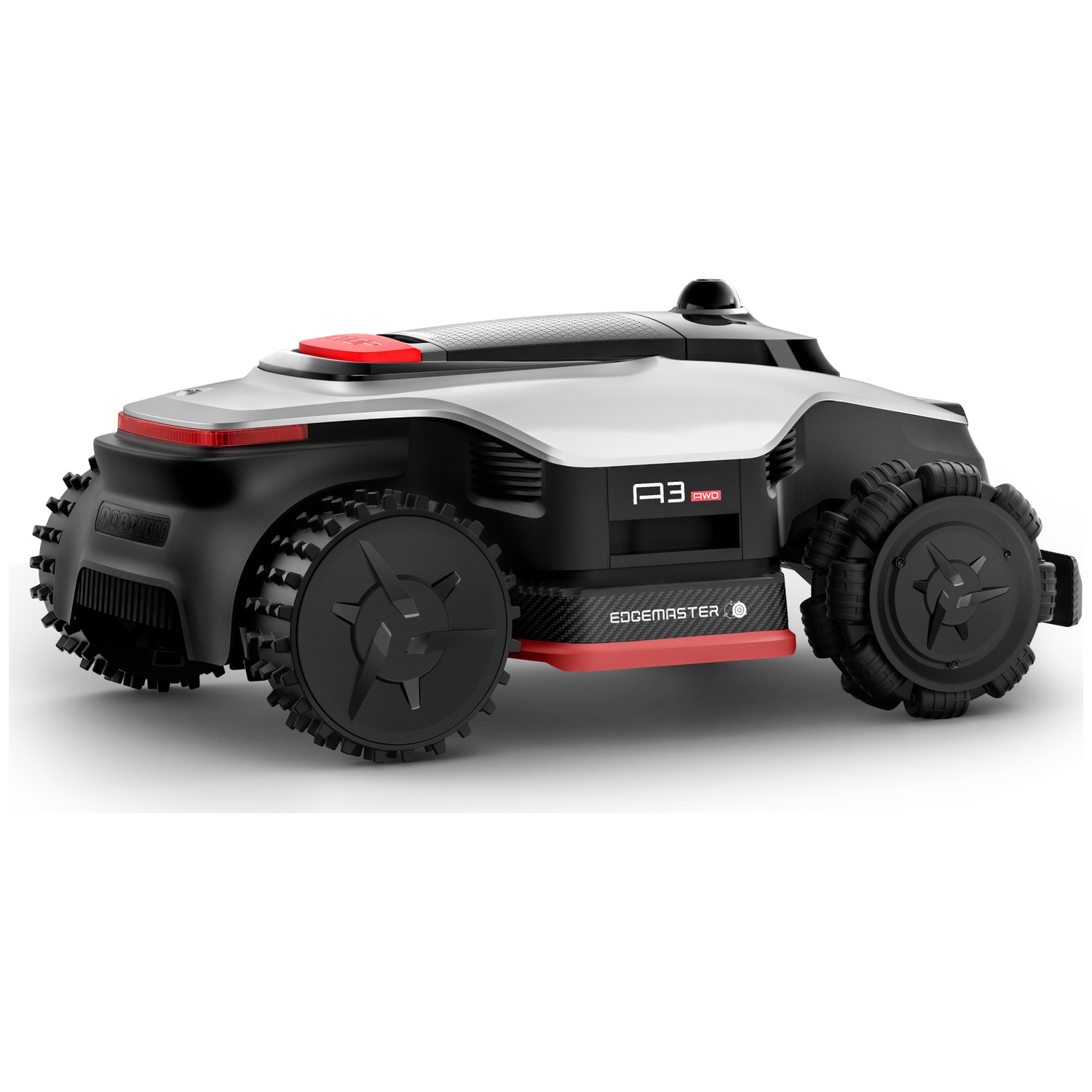 A silver and black lawn mower robot with red accents stands on a white background.