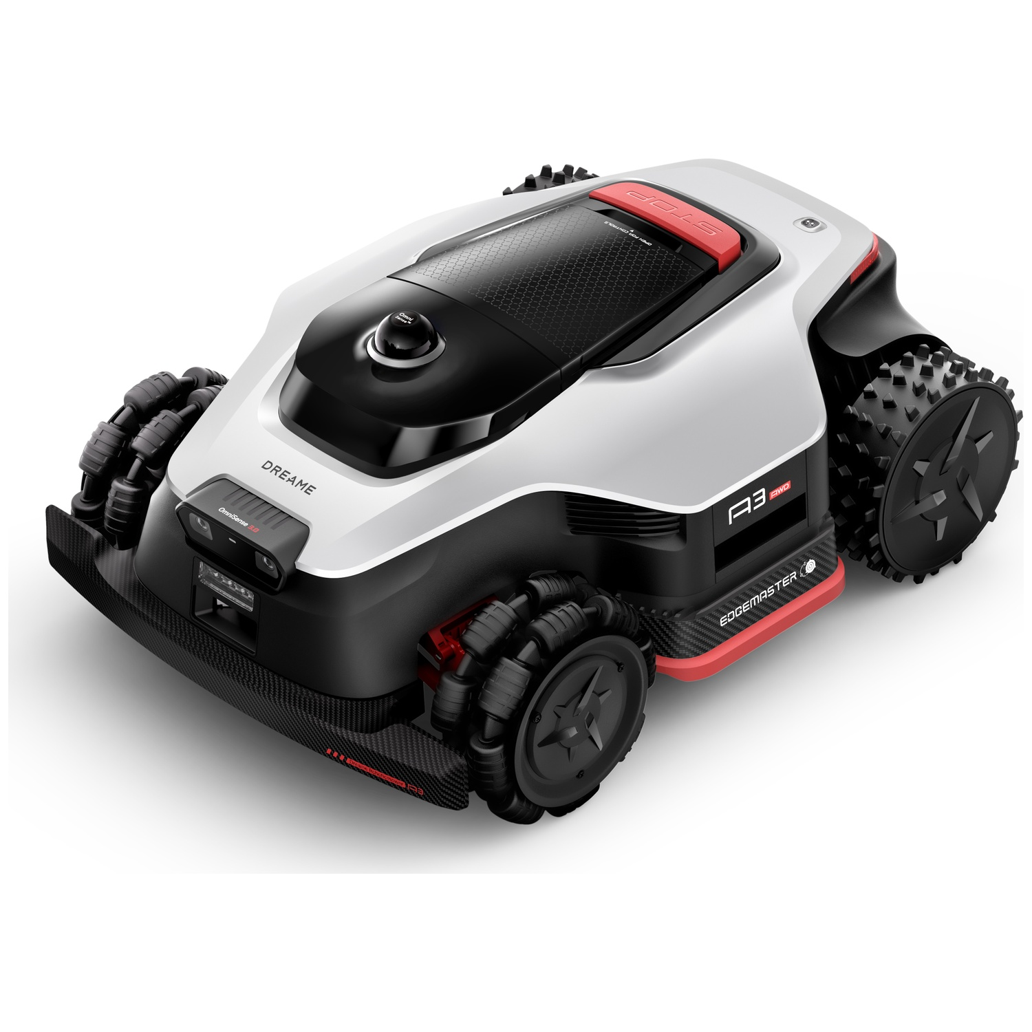 A white, black, and red robotic lawn mower with large wheels and sensors.