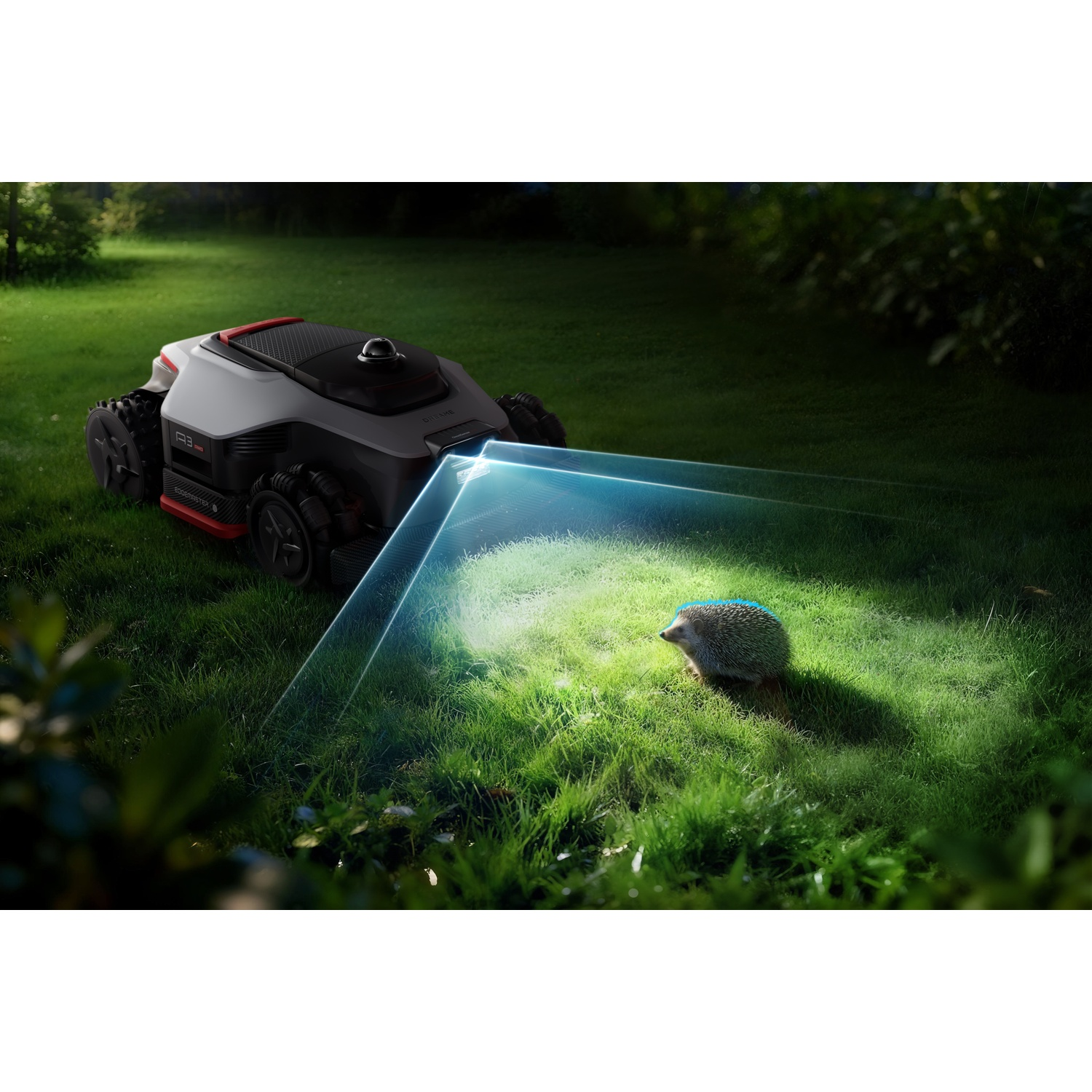 A robotic lawnmower shines a light on a hedgehog in the grass.