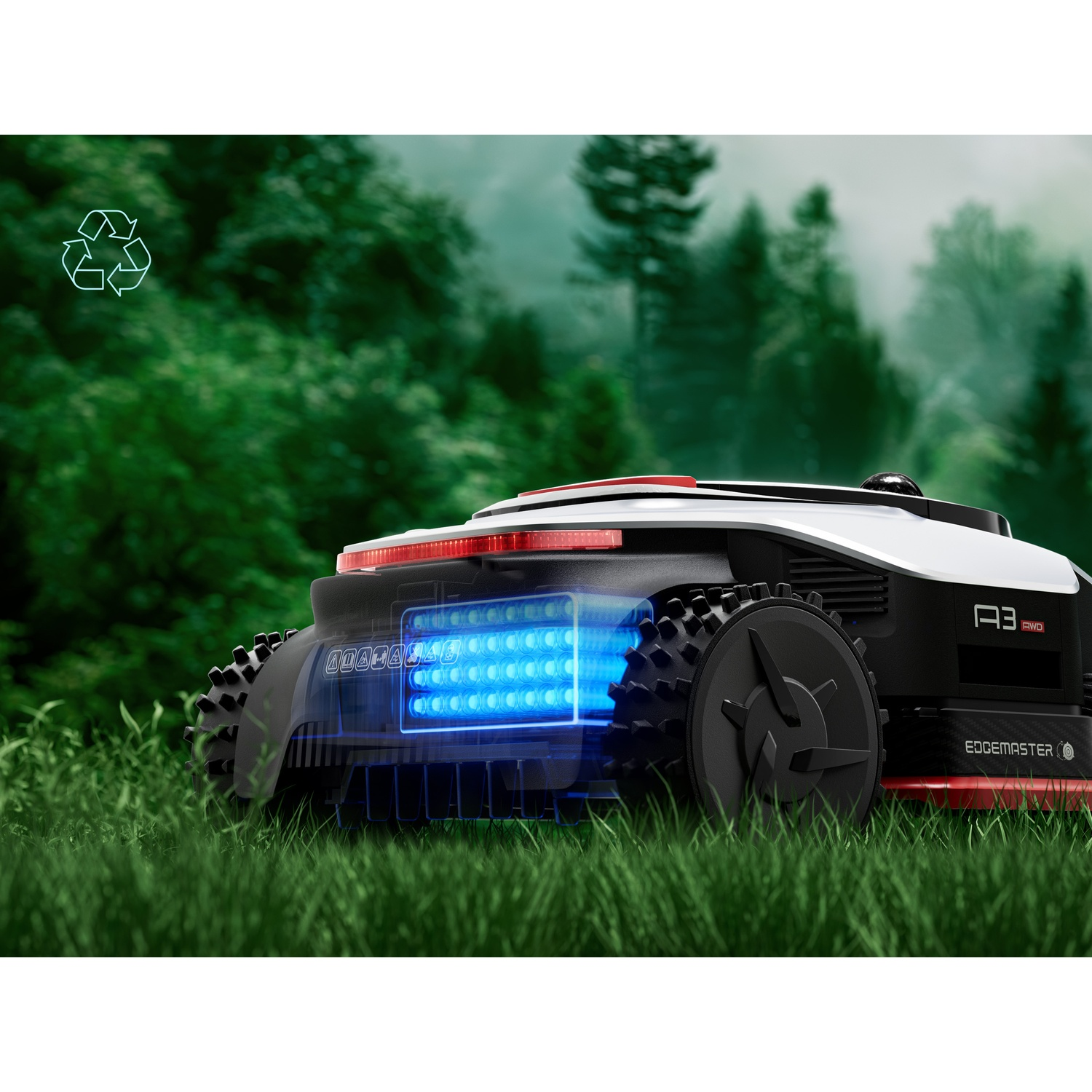 A robotic lawnmower with blue LED lights and a recycling symbol in the background.