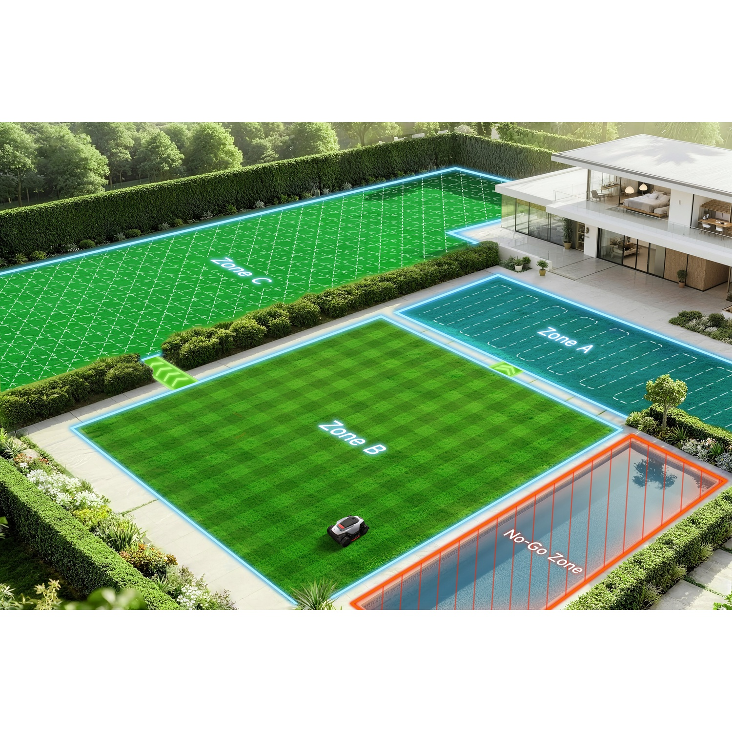 Modern garden with robot mower, pool, house. Marked zones are visible.