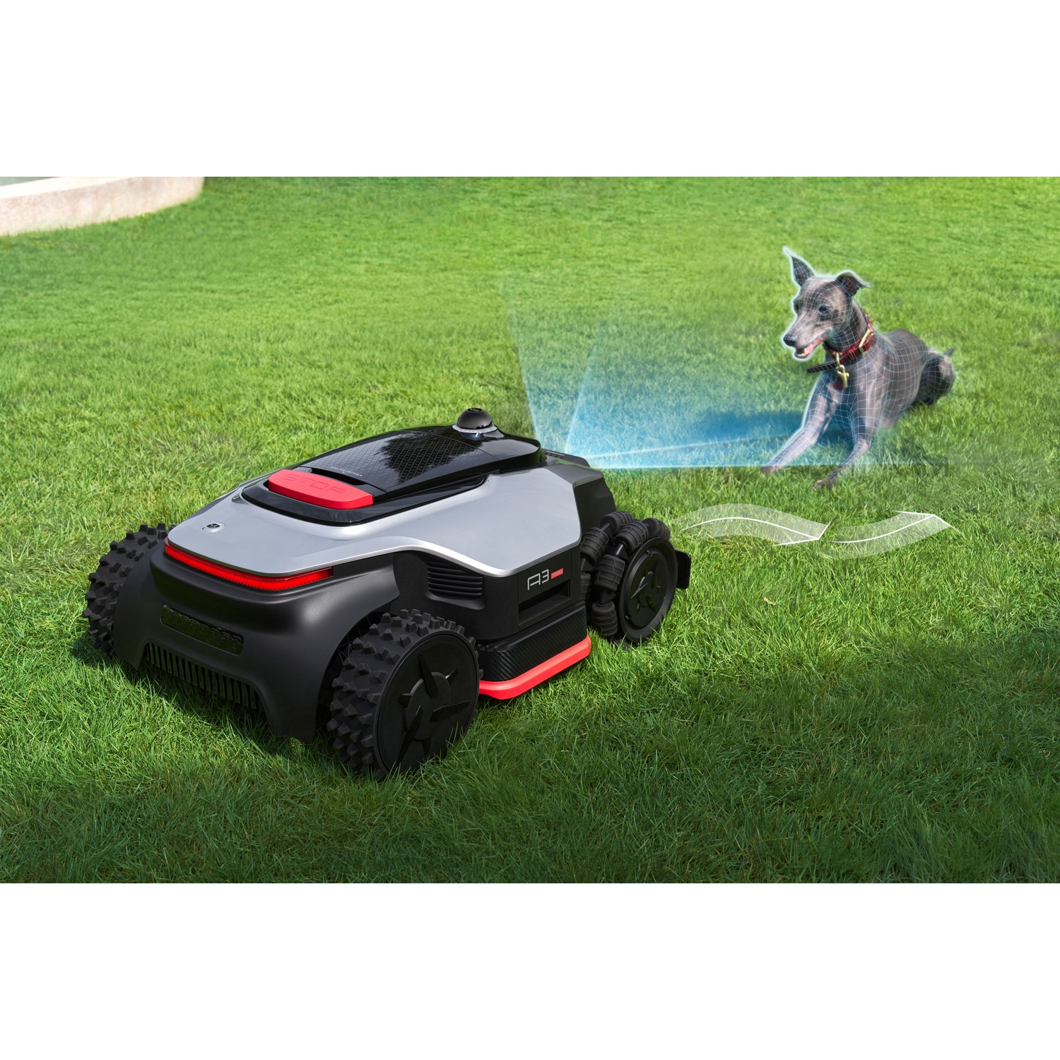A robotic lawnmower on a grass lawn with a virtual dog.