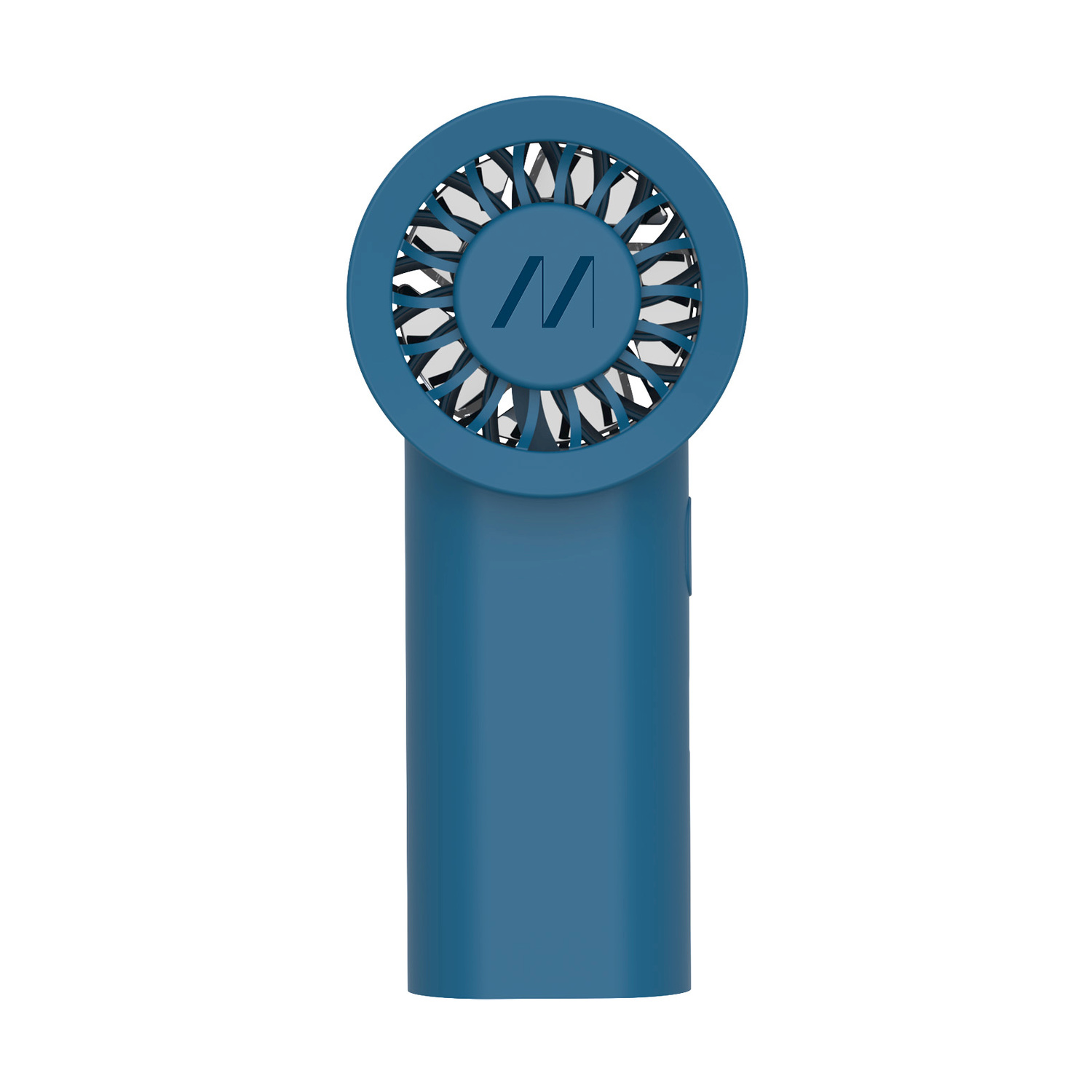 Ventilatore blu portatile con griglia circolare e logo 'M'.