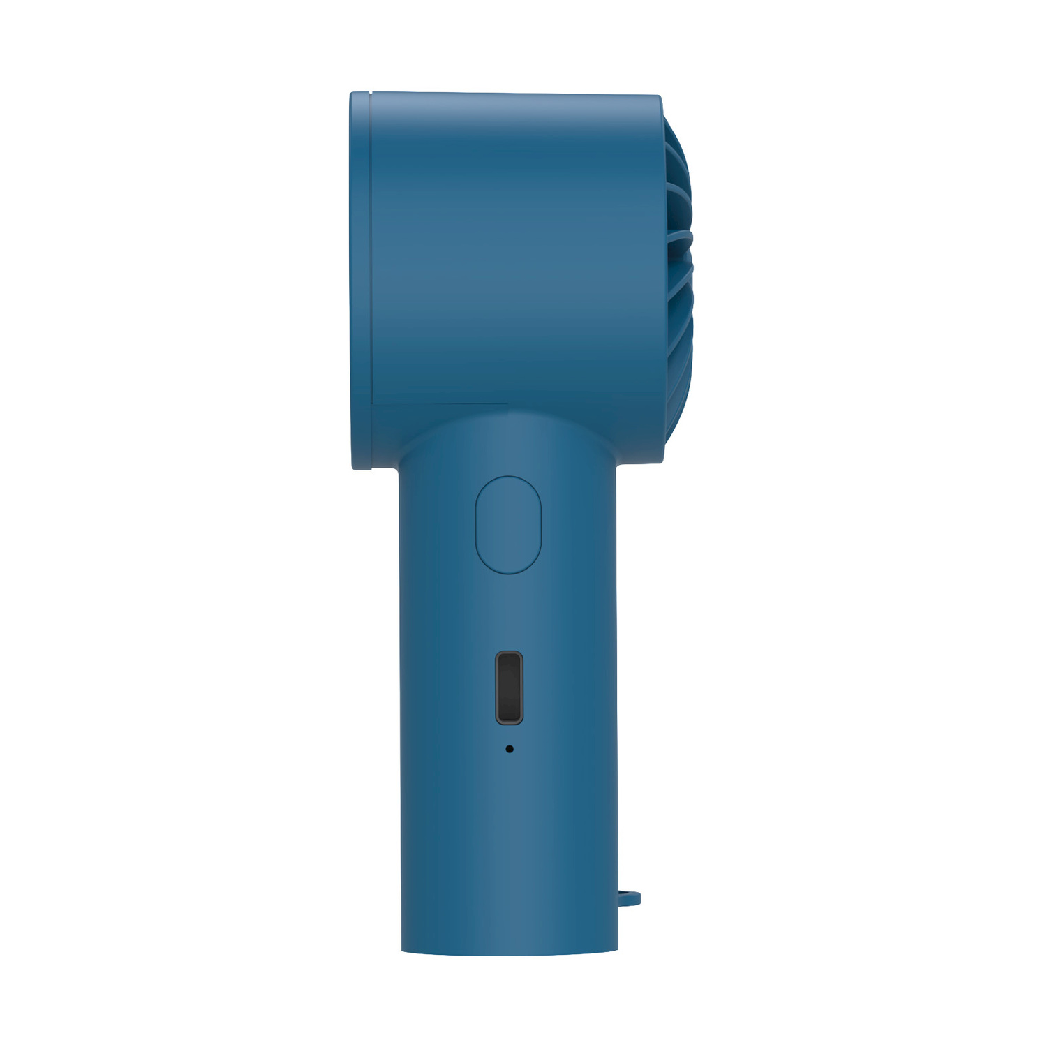 Un ventilatore blu portatile con pulsante di accensione e porta di ricarica.