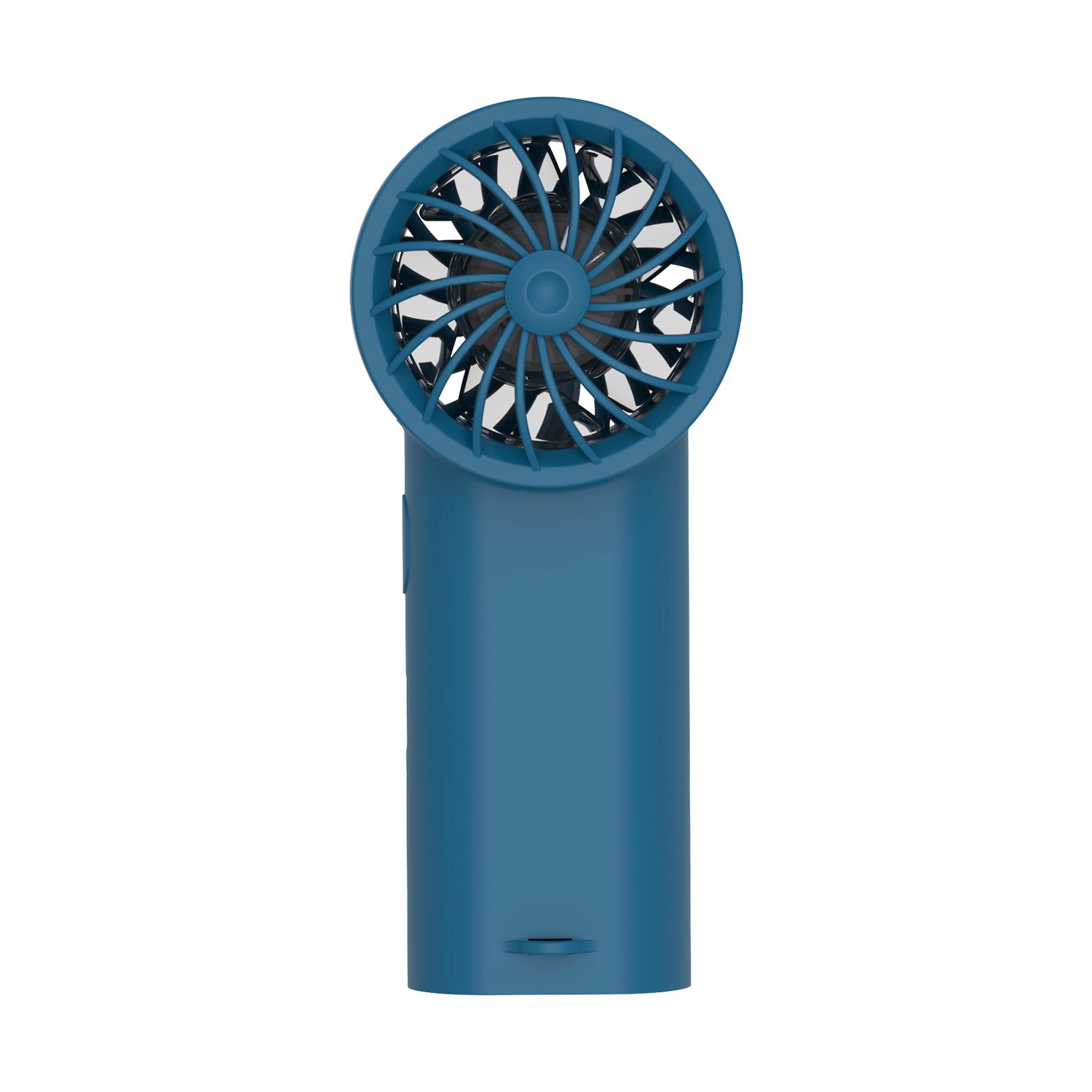 Un ventilatore blu portatile con testa rotonda e impugnatura.