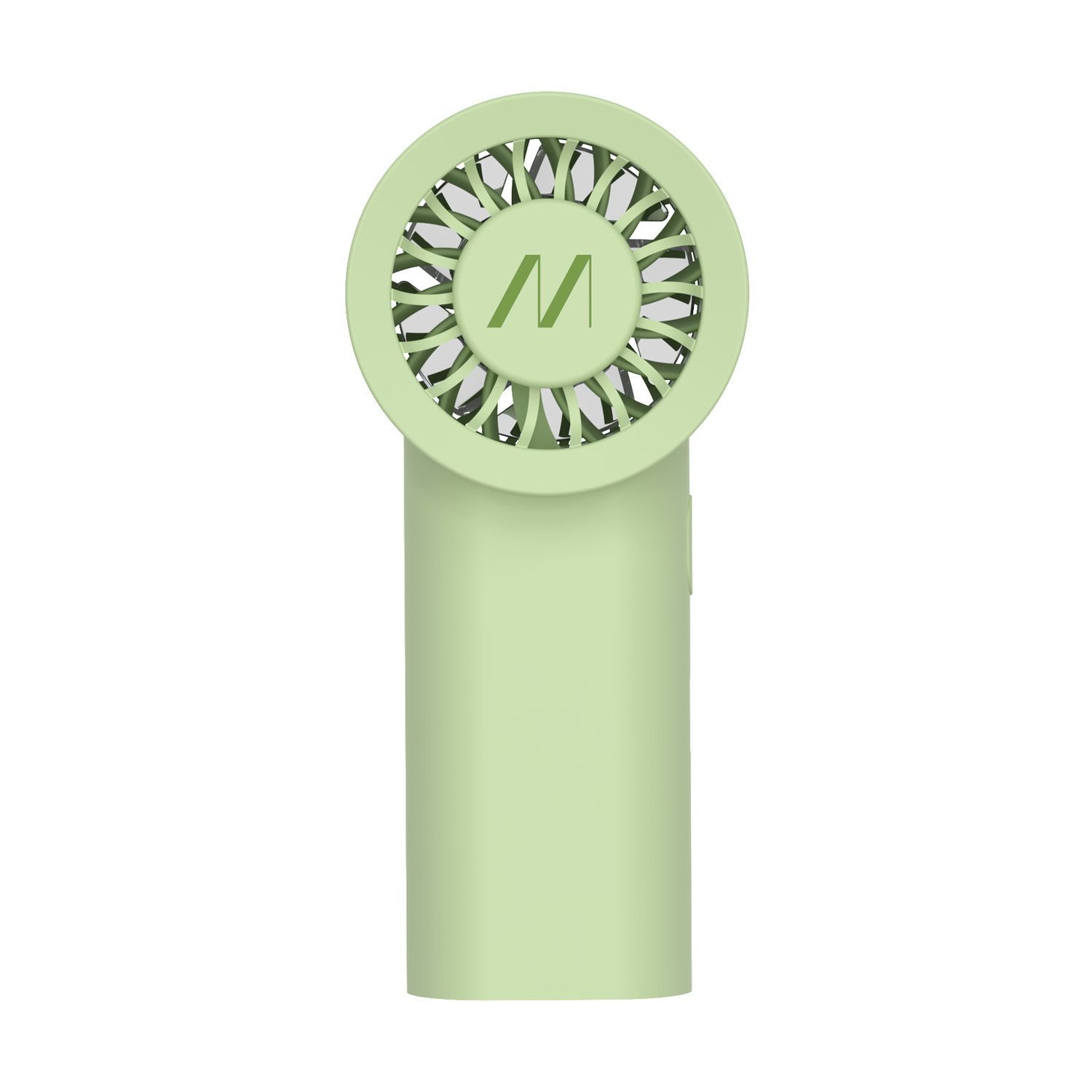 Un ventilatore portatile verde chiaro con testa rotonda e logo M.