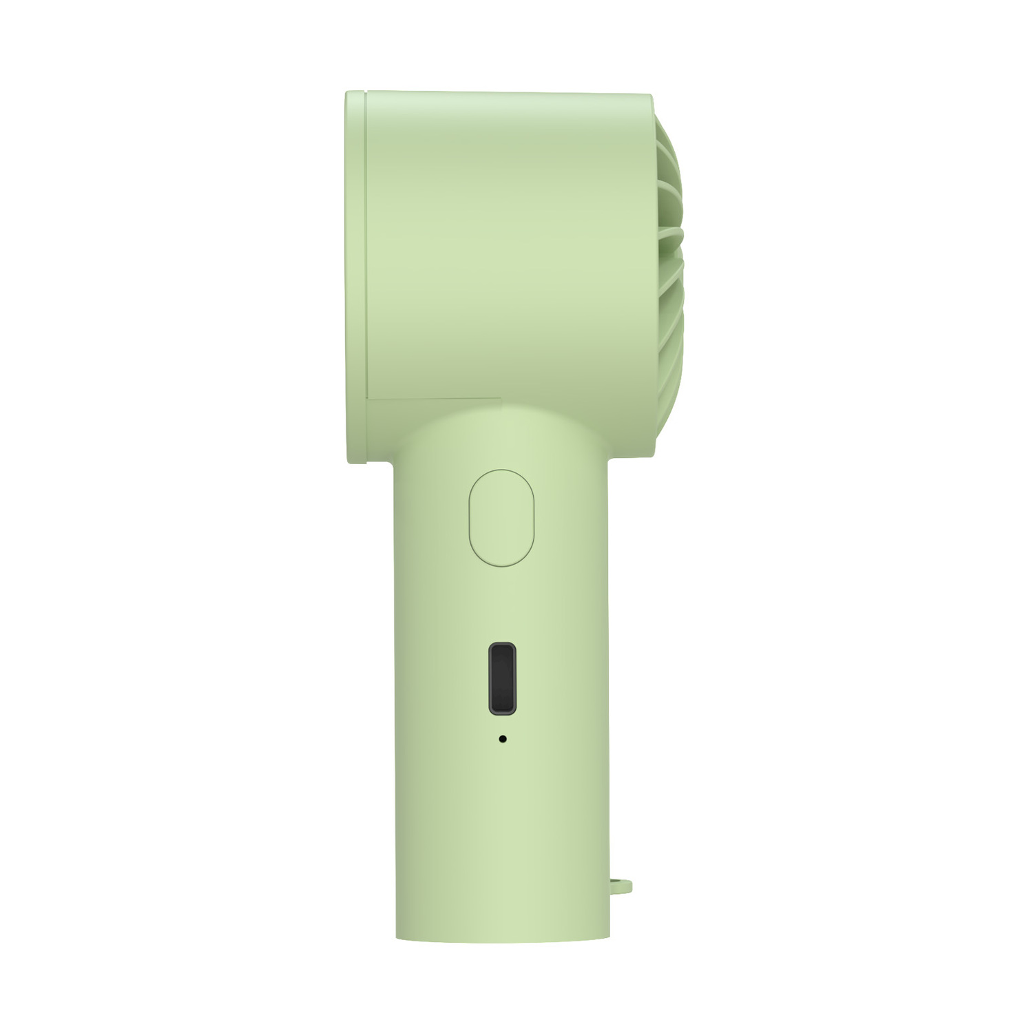 Un ventilatore portatile verde chiaro con manico e prese d'aria.