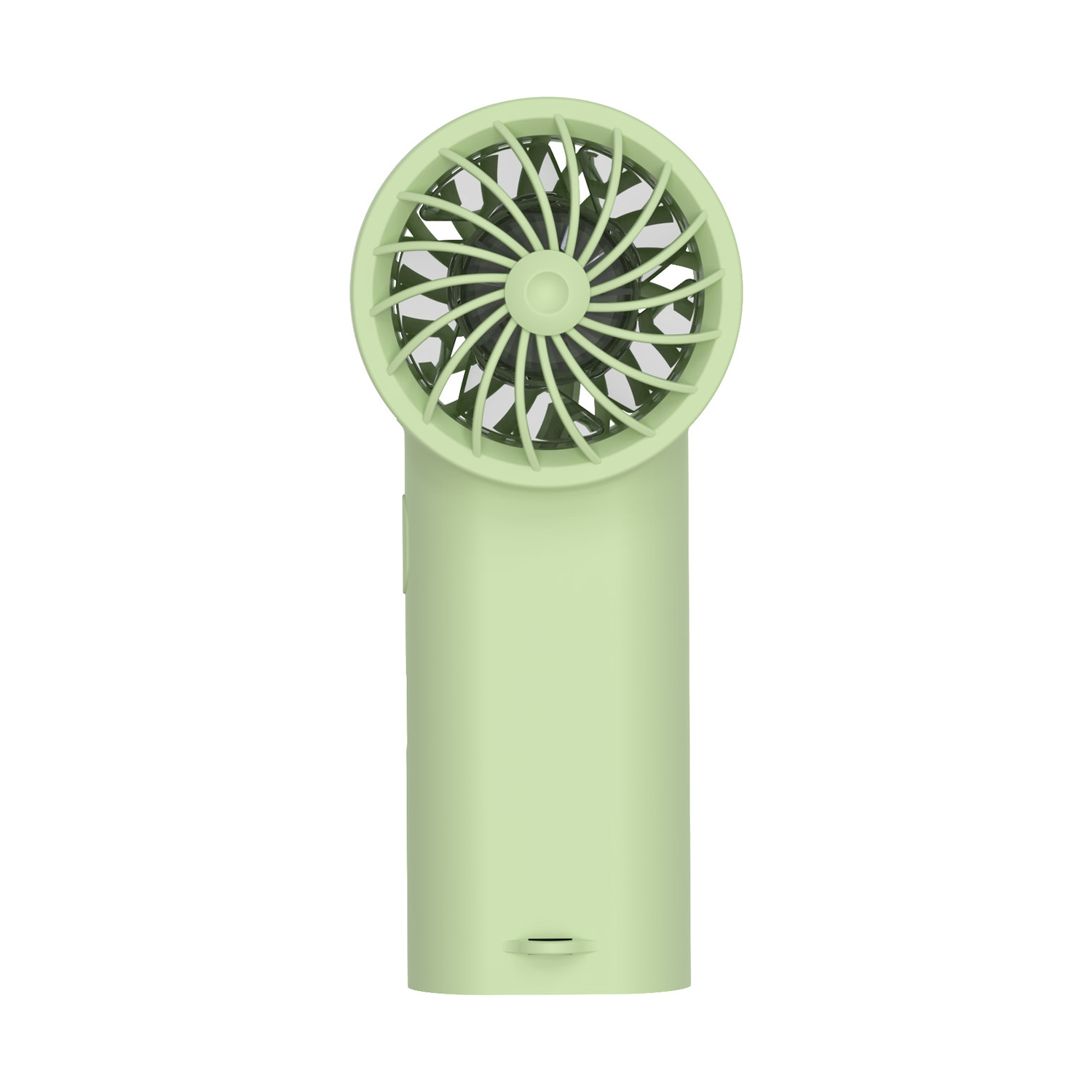 Un ventilatore portatile verde chiaro con pale e manico.