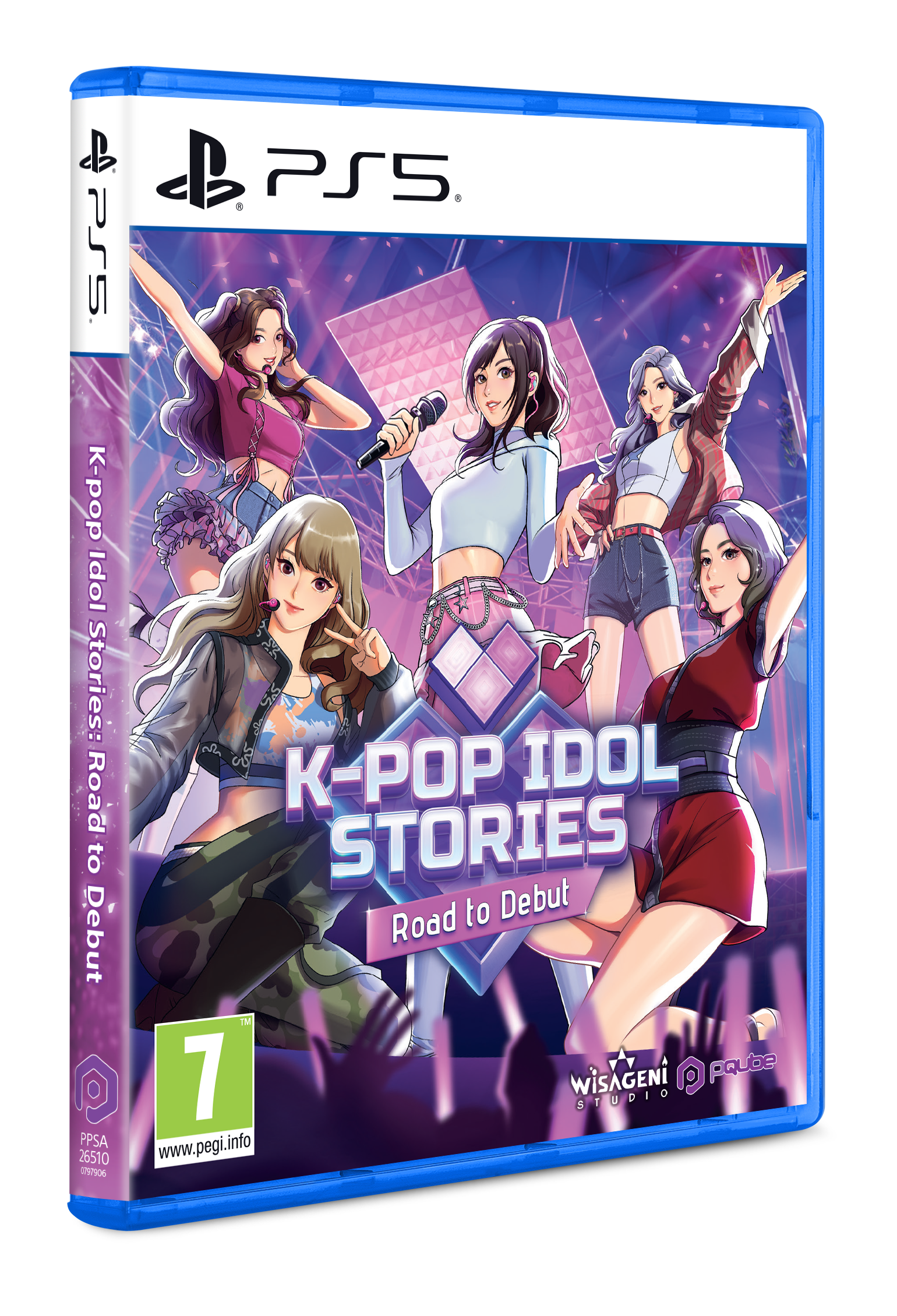 Portada del juego PS5 con 5 ídolos K-pop en el escenario, titulado K-Pop Idol Stories: Road to Debut.