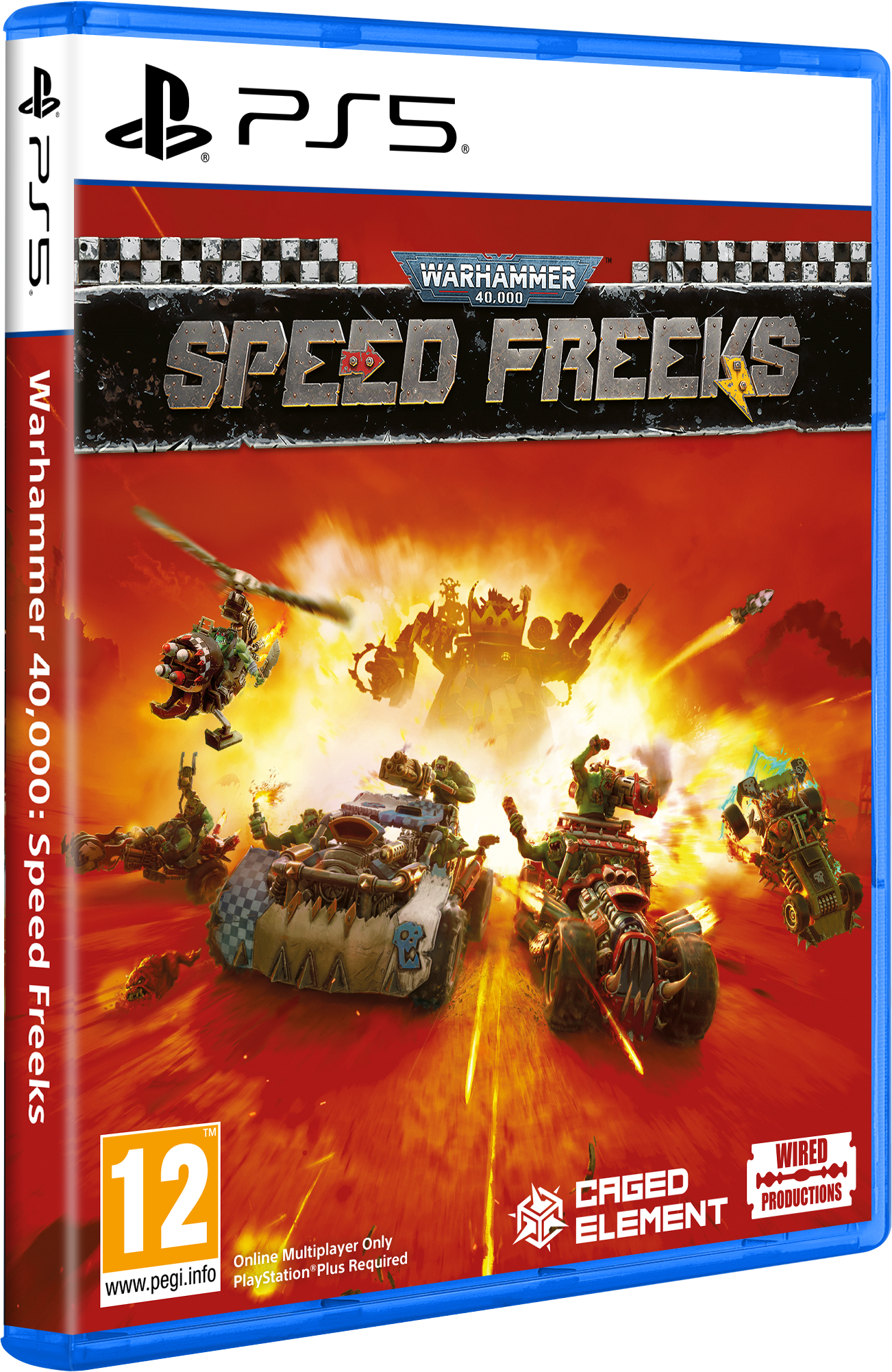 Portada PS5: Warhammer 40.000 Speed Freeks con orcos en vehículos y explosiones.