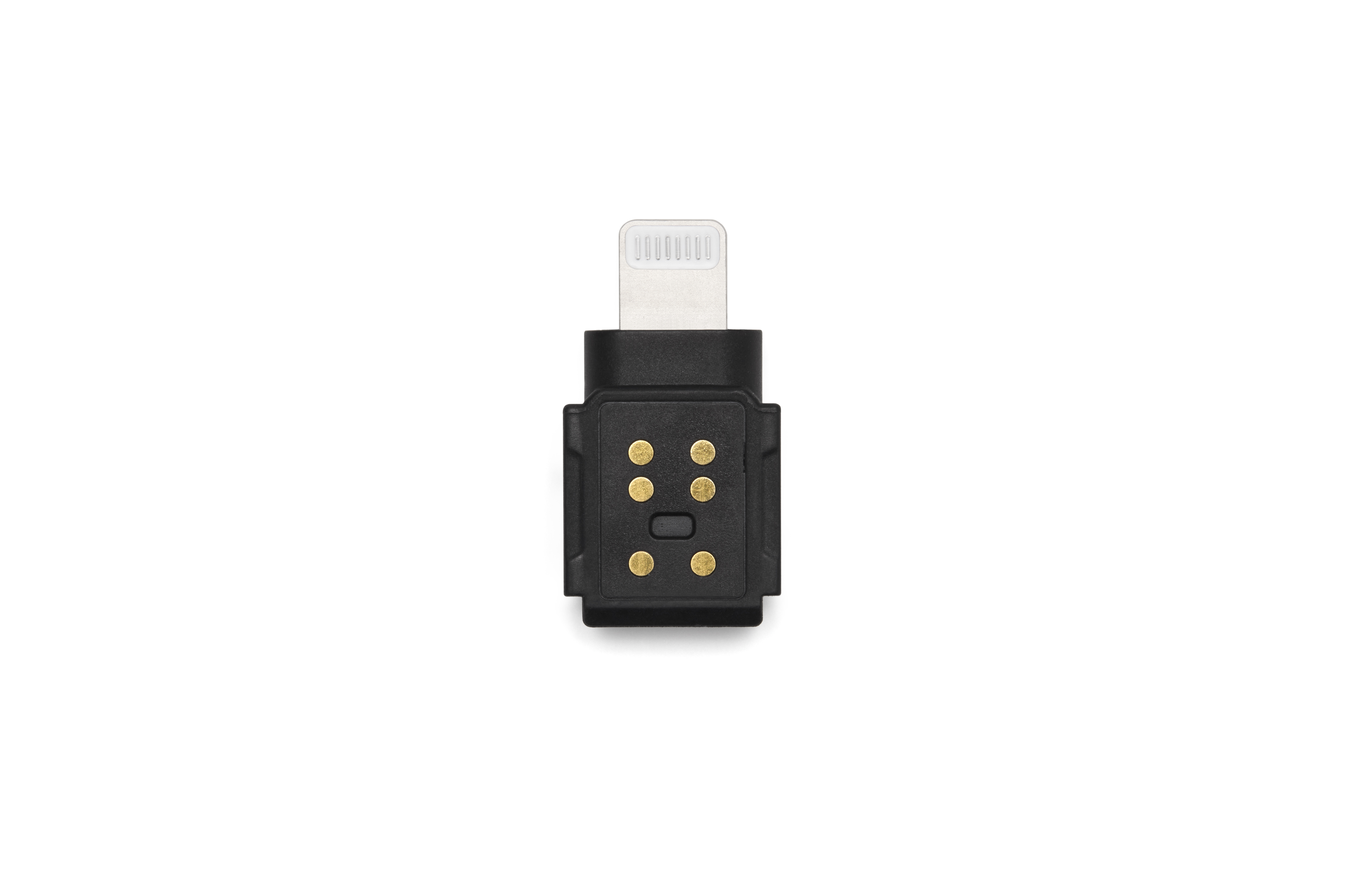 Ein schwarzer Adapter mit Lightning-Stecker und goldenen Kontakten.