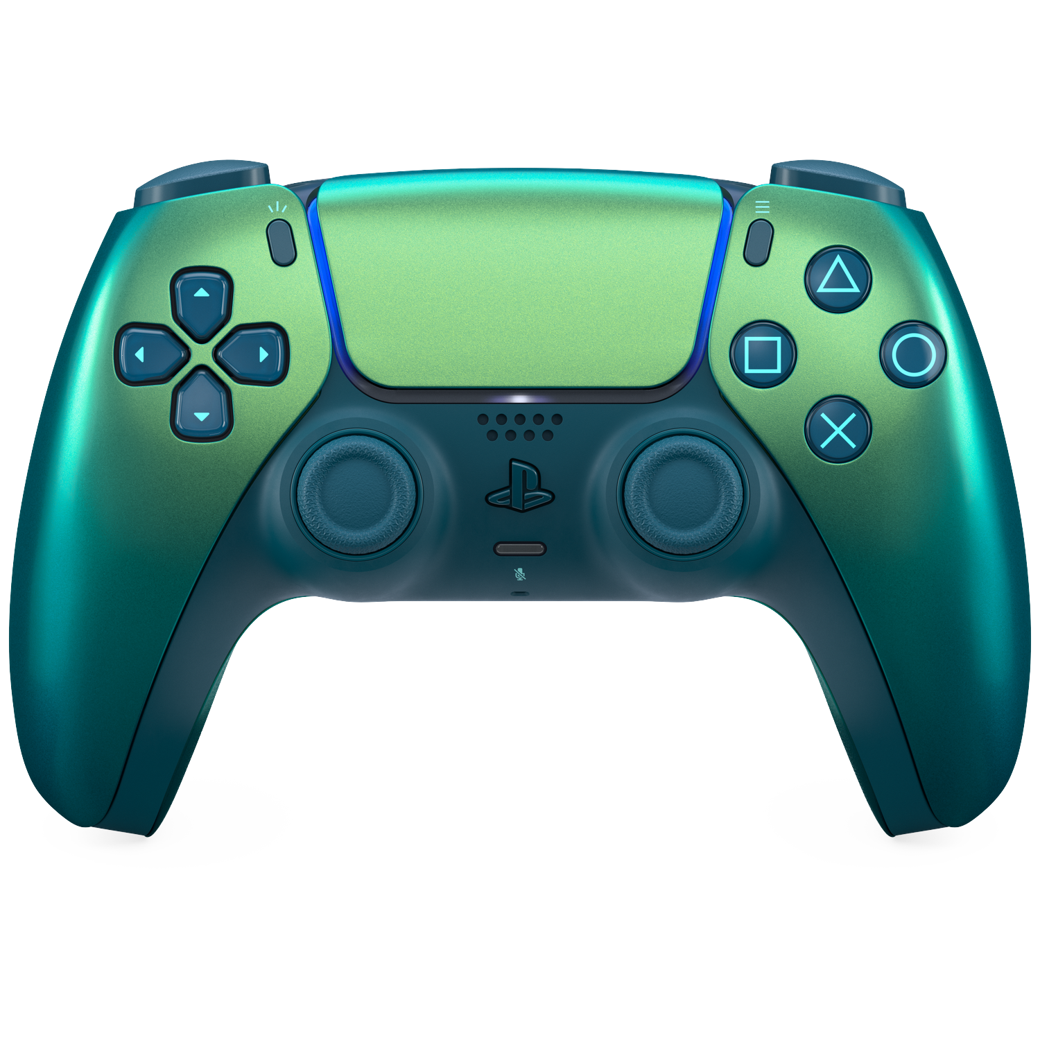 Een groene en blauwe PlayStation 5 controller op zwarte achtergrond.