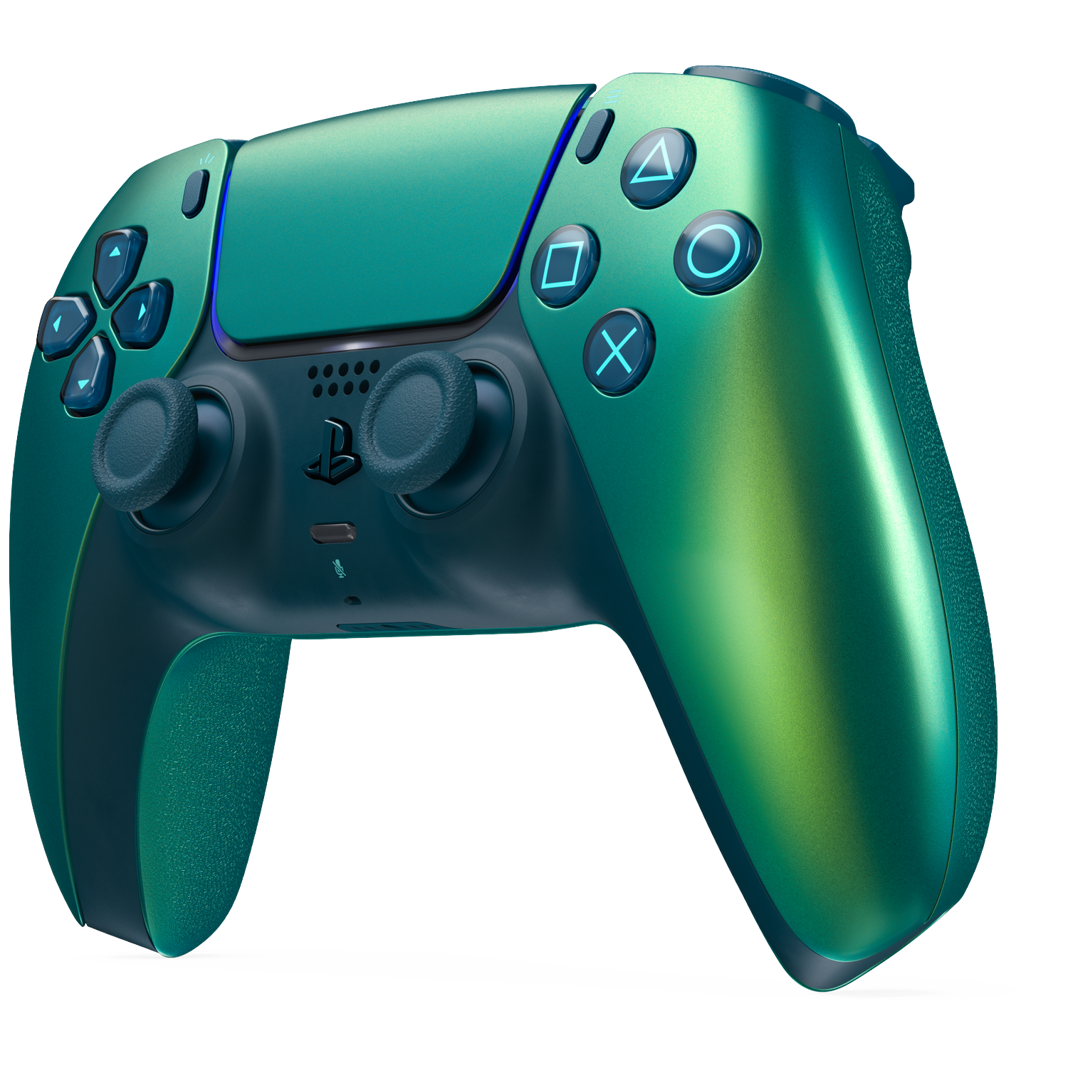 Een smaragdgroene controller met blauwe knoppen op zwarte achtergrond.