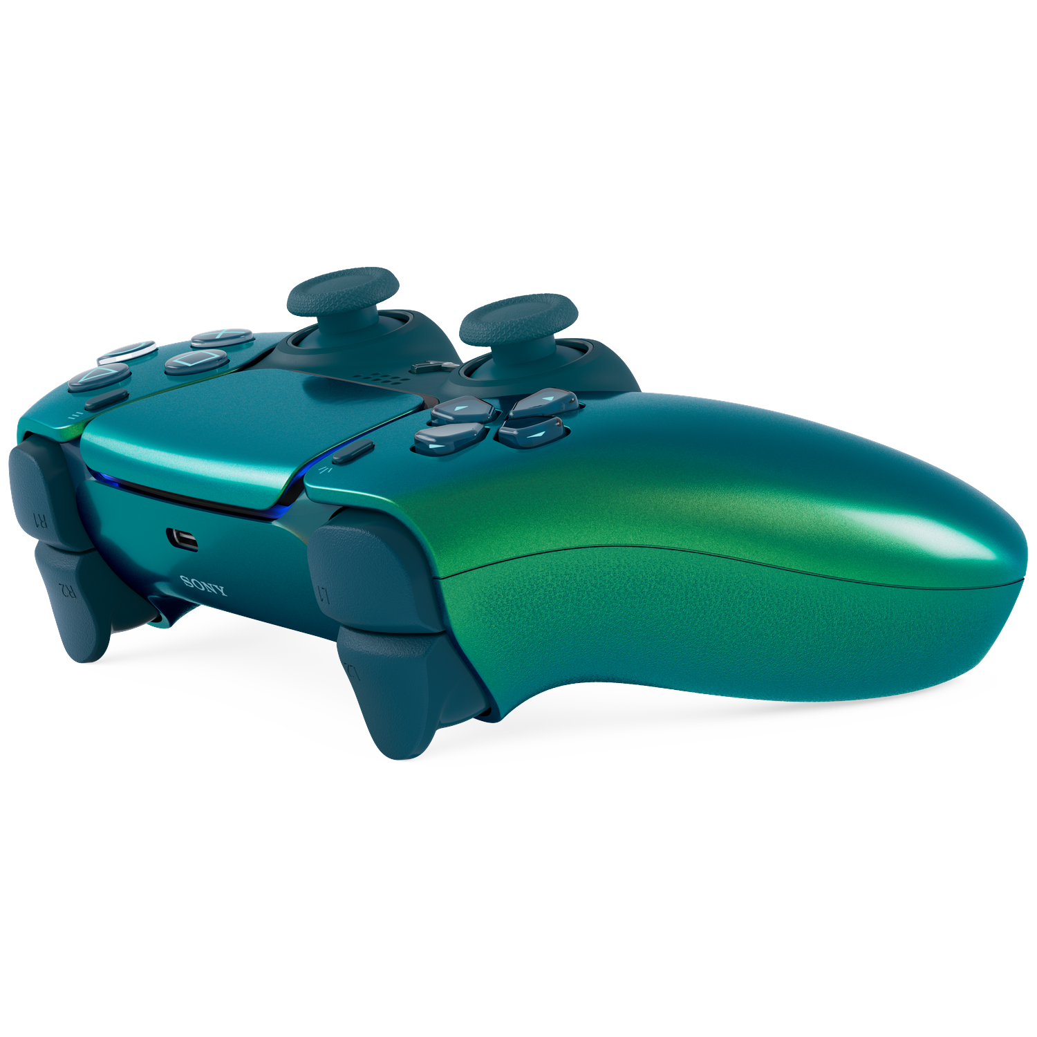 Een teal-naar-groene gradiënt gamecontroller op een zwarte achtergrond.
