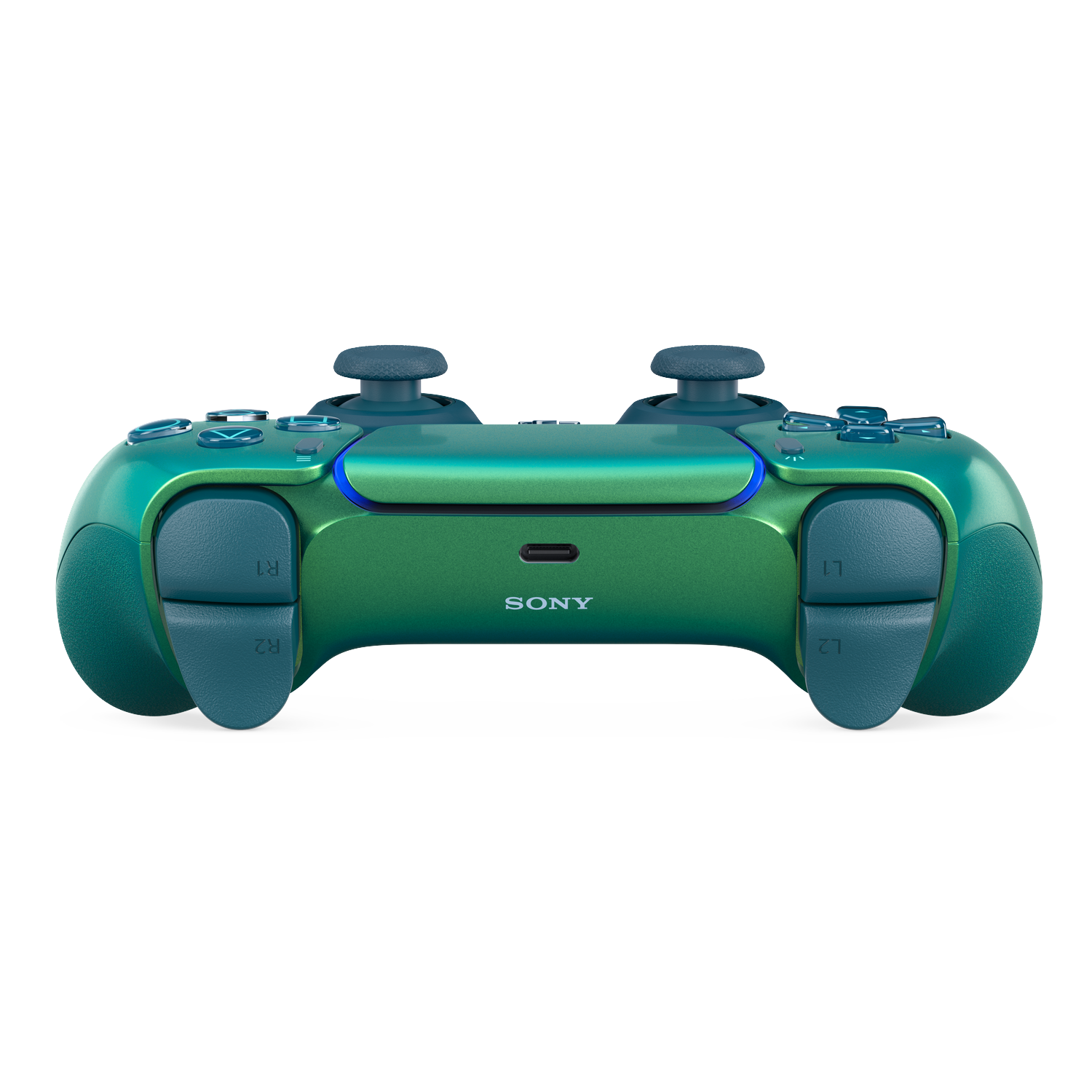 Een groene en blauwe PlayStation 5 controller op zwarte achtergrond.