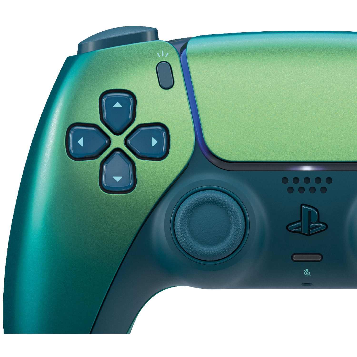 Een groene en teal videogamecontroller met directionele knoppen en joystick.