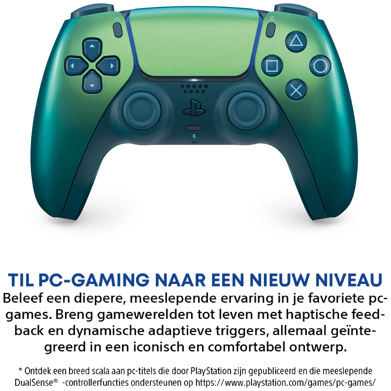 Een groen-blauwe PlayStation DualSense controller op witte achtergrond.