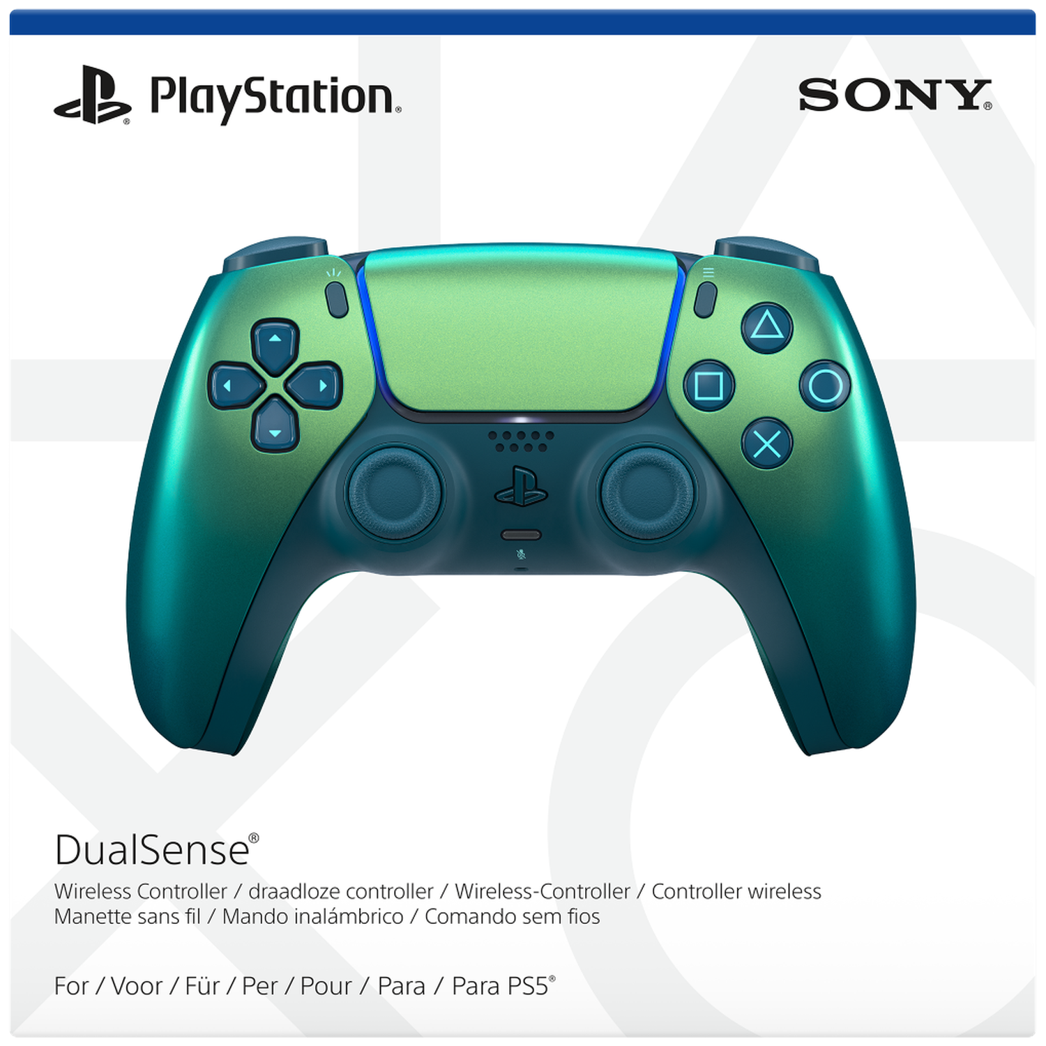 Een groene en blauwe PlayStation DualSense controller met Sony-logo.
