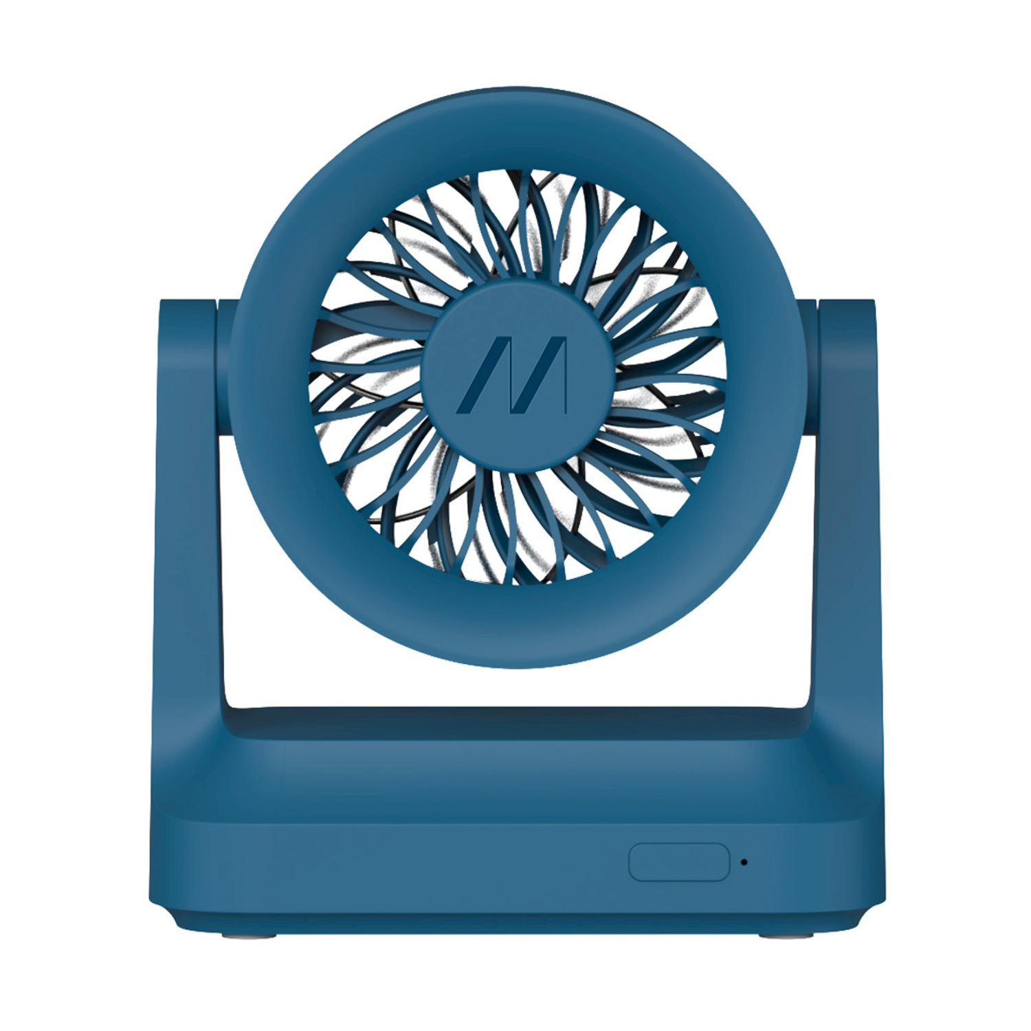Un ventilatore USB da scrivania blu con griglia rotonda e logo M.