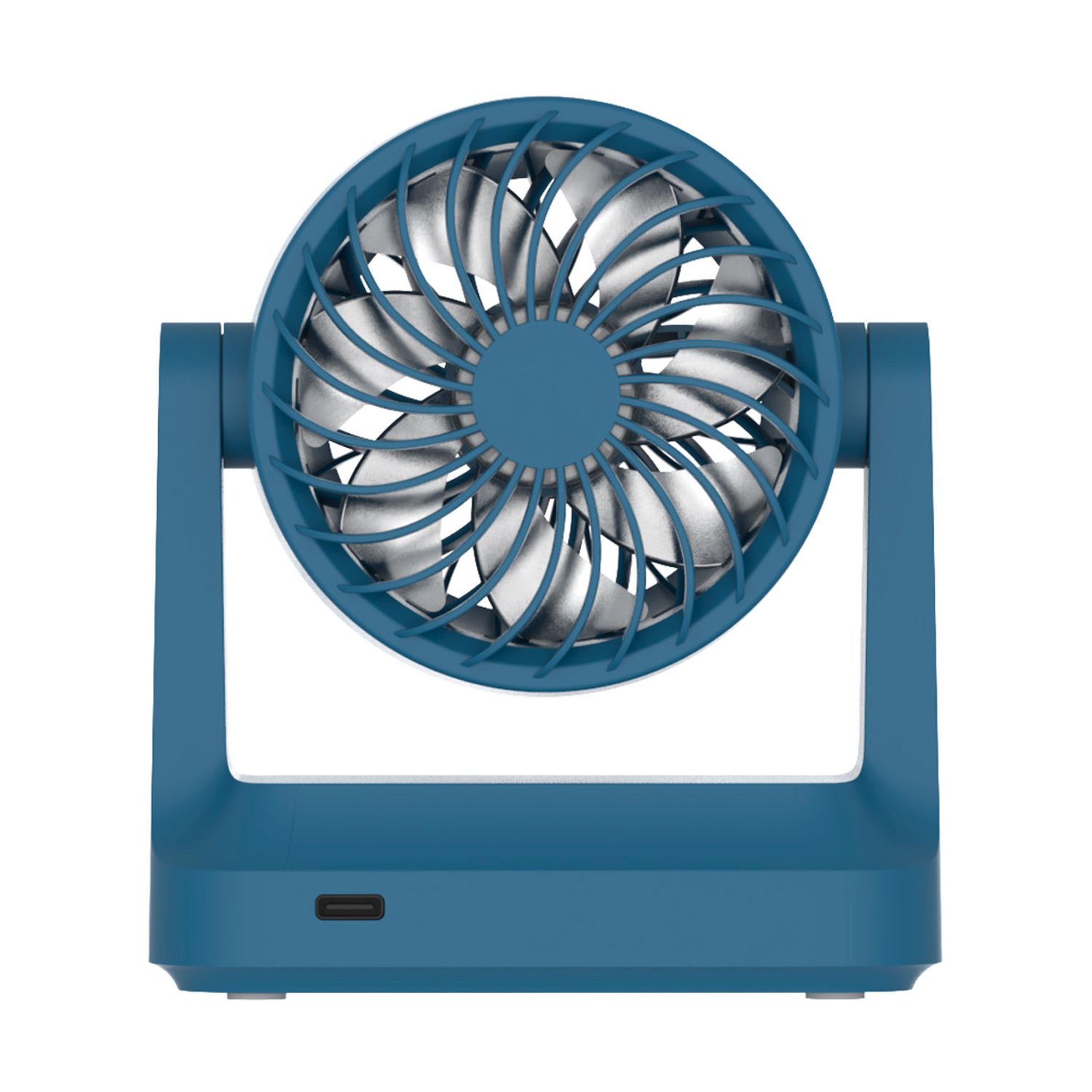 Un ventilatore portatile blu con pale argentate su sfondo bianco.