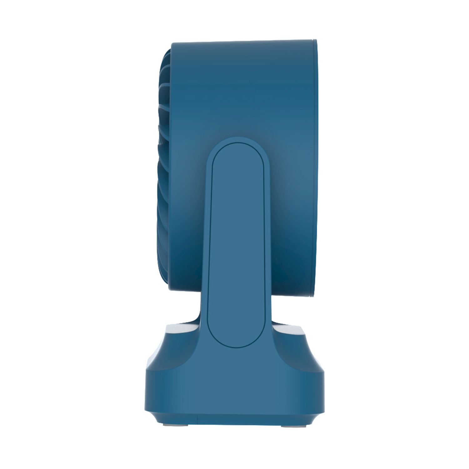 Un ventilatore blu con testa rotonda e base rettangolare.