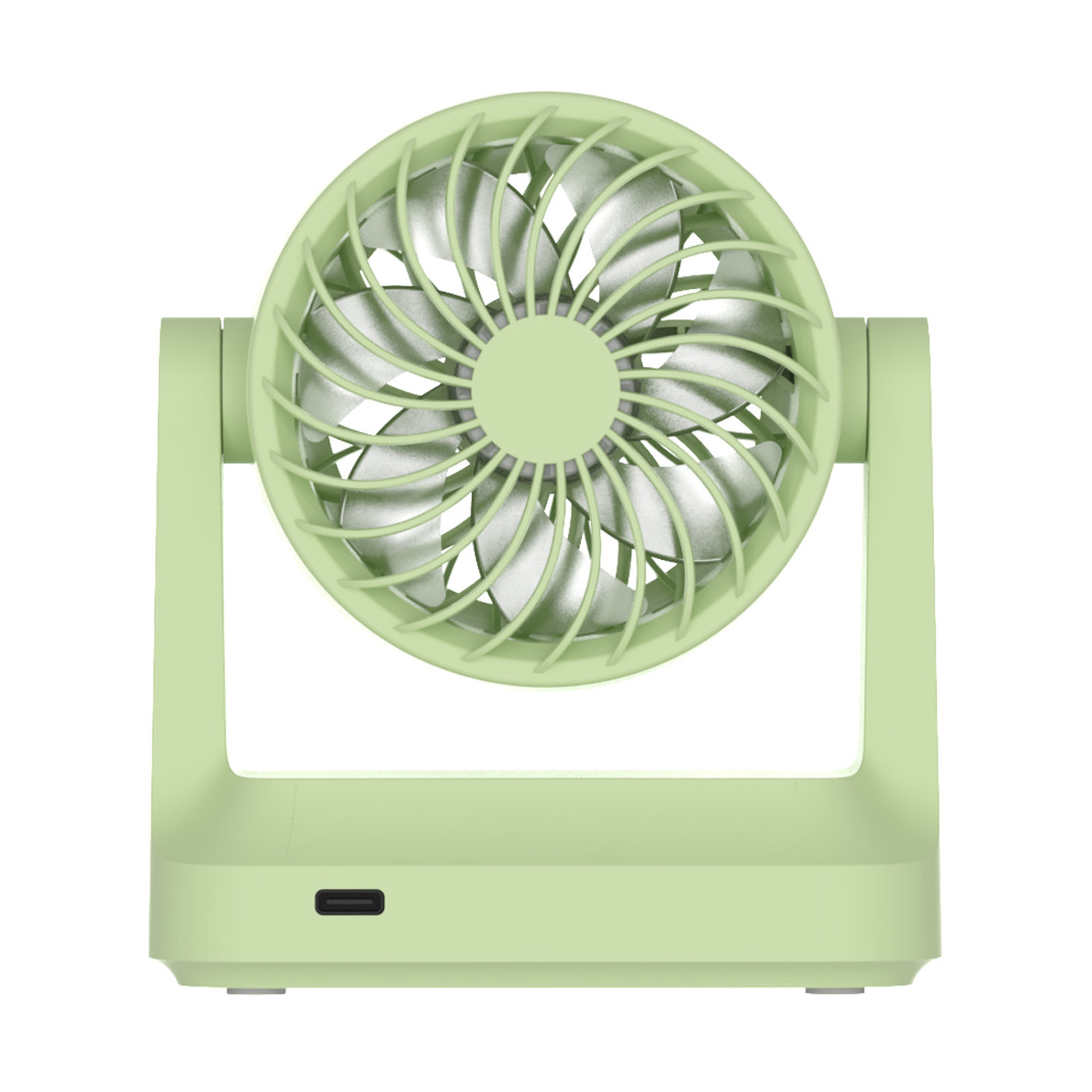 Un piccolo ventilatore verde chiaro con pale argentate su sfondo bianco.