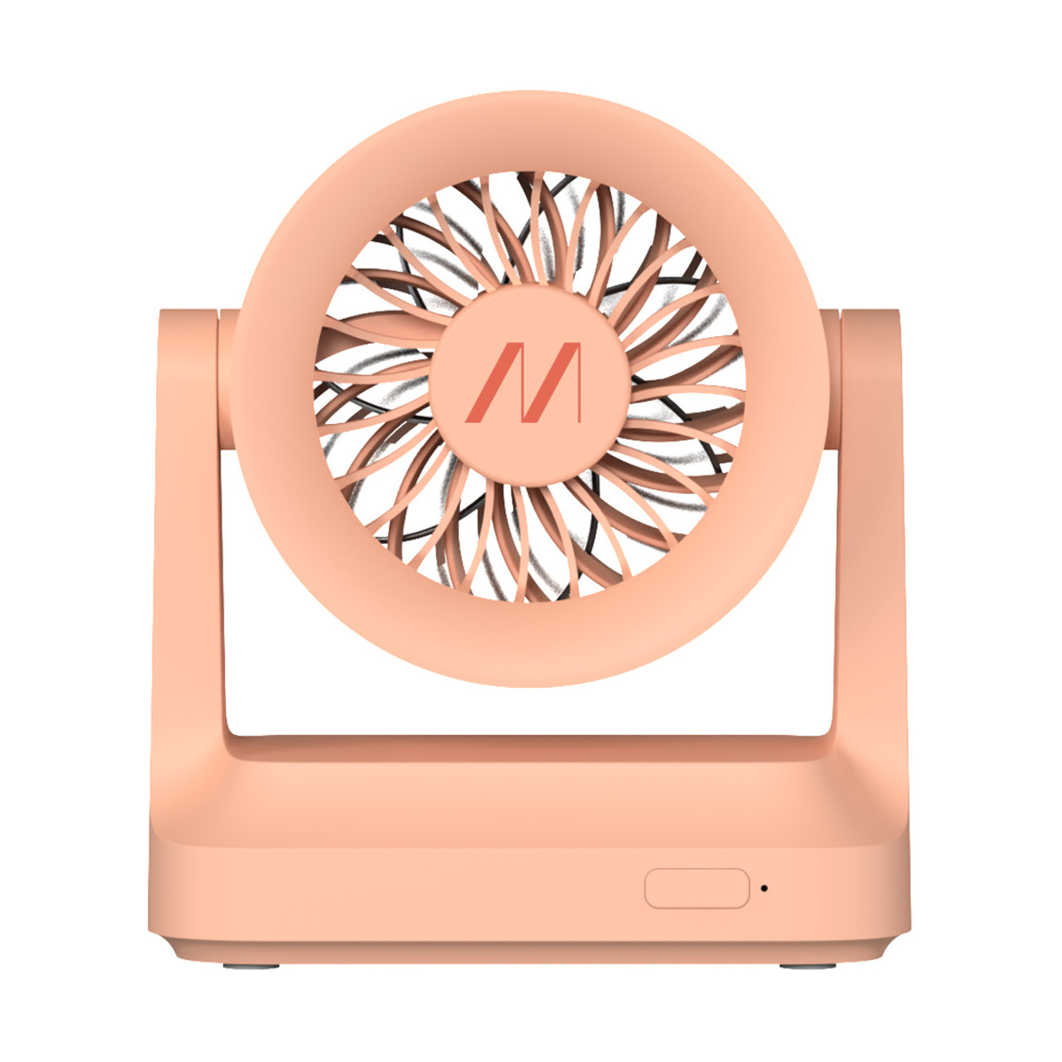 Un ventilatore portatile color pesca con logo M stilizzato sul davanti.