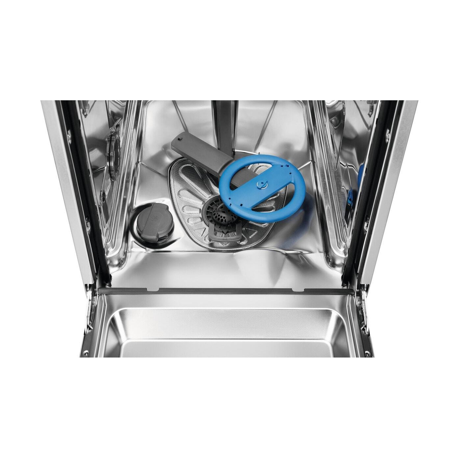 Interno di una lavastoviglie con braccio irroratore blu e filtri metallici.