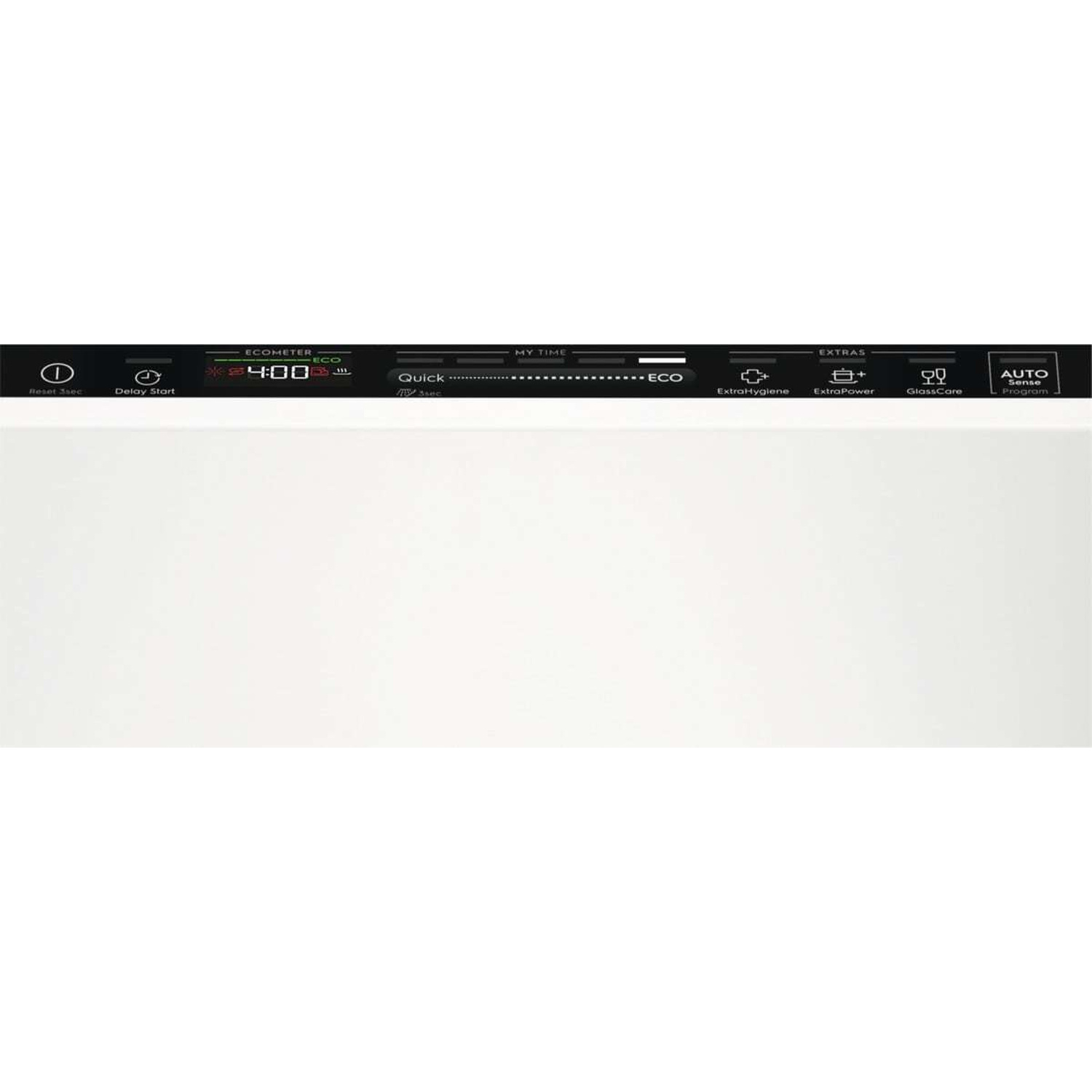 Pannello di controllo lavastoviglie con tasti Reset, Delay Start, Quick, Eco.