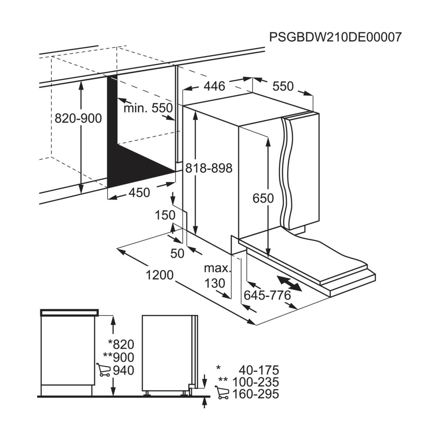 Disegno tecnico con dimensioni per elettrodomestici da incasso, incluse altezze e profondità.