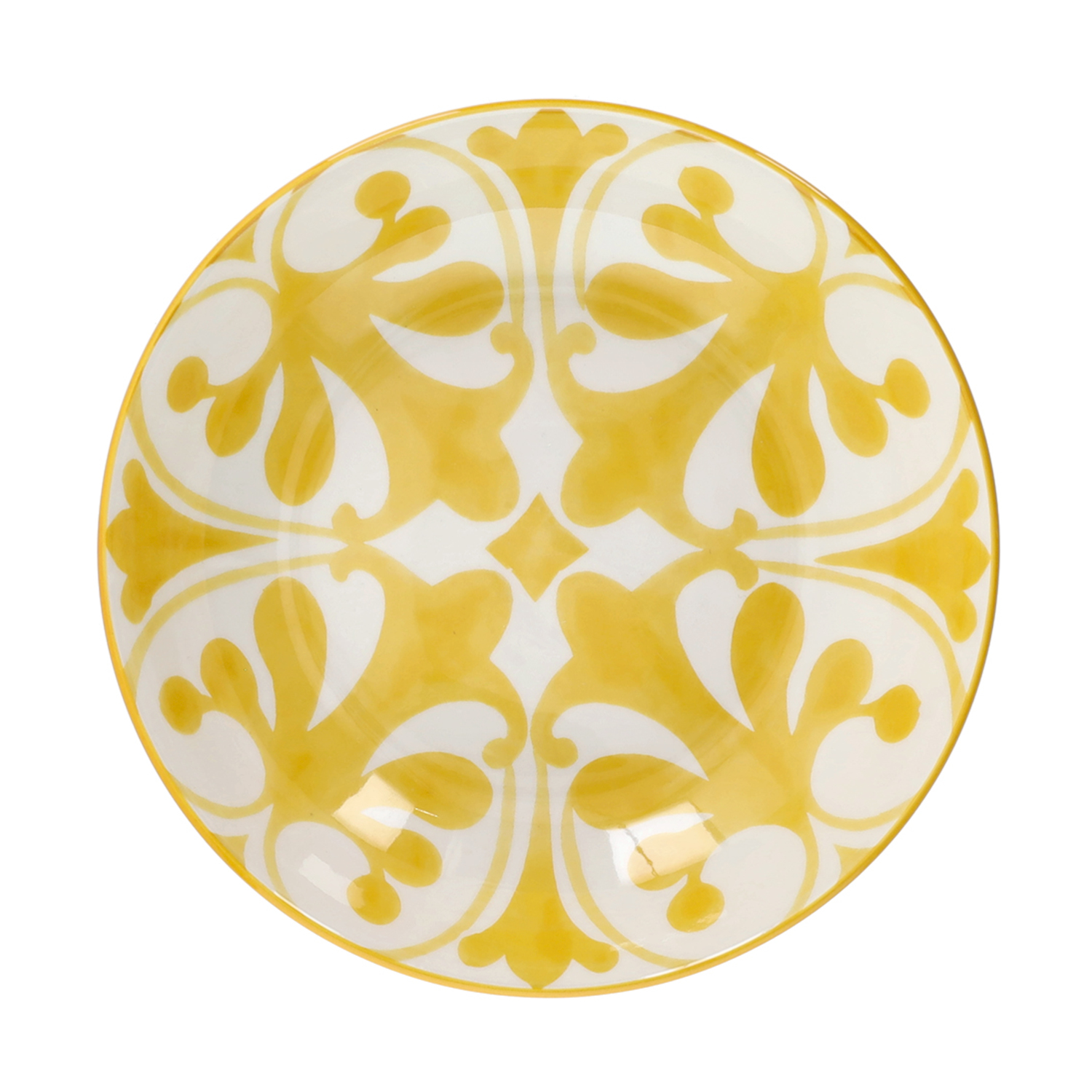Una ciotola bianca con un motivo ornamentale giallo.