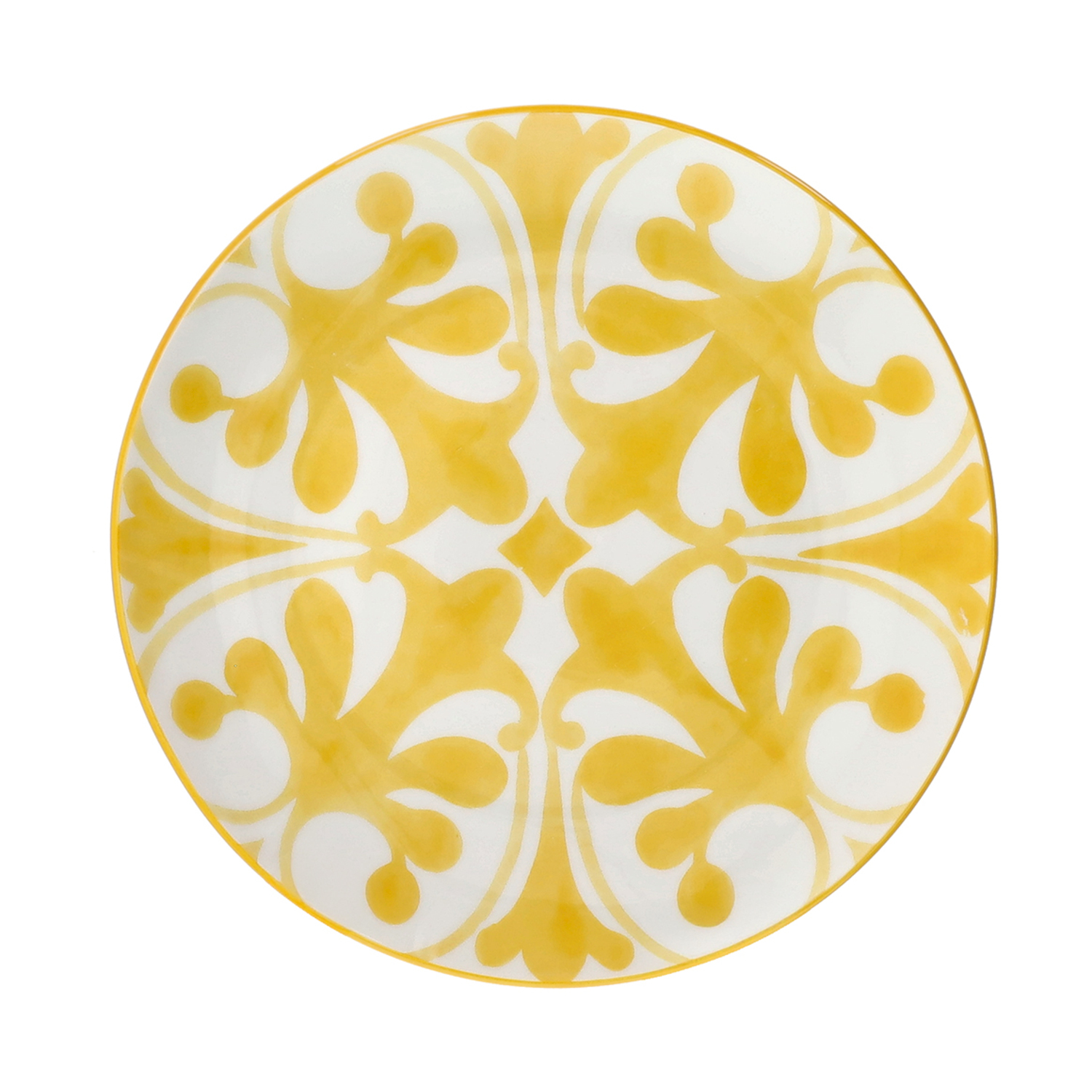 Un piatto rotondo bianco con motivo giallo e bordo giallo.
