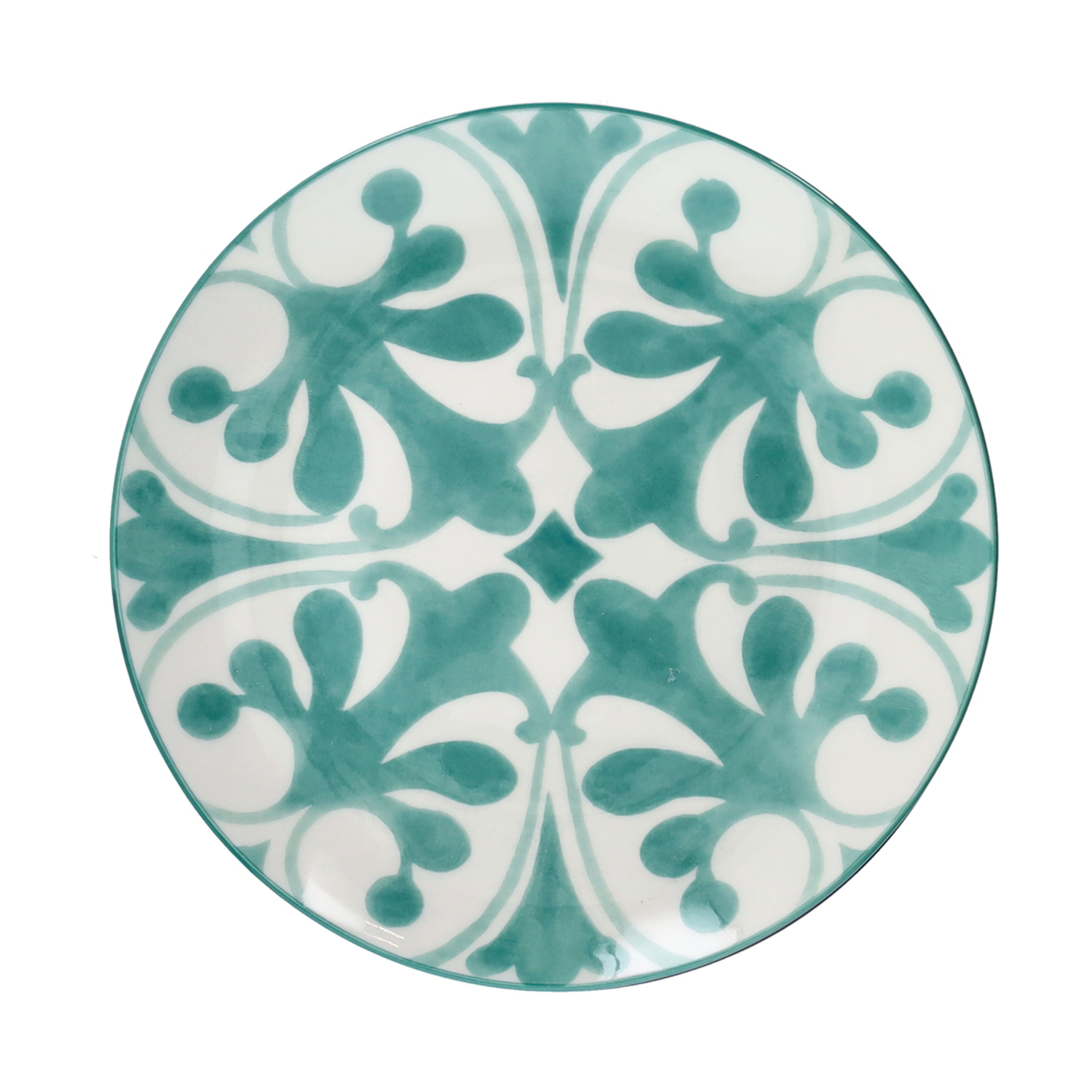 Un piatto rotondo in ceramica bianca con un motivo floreale verde acqua.