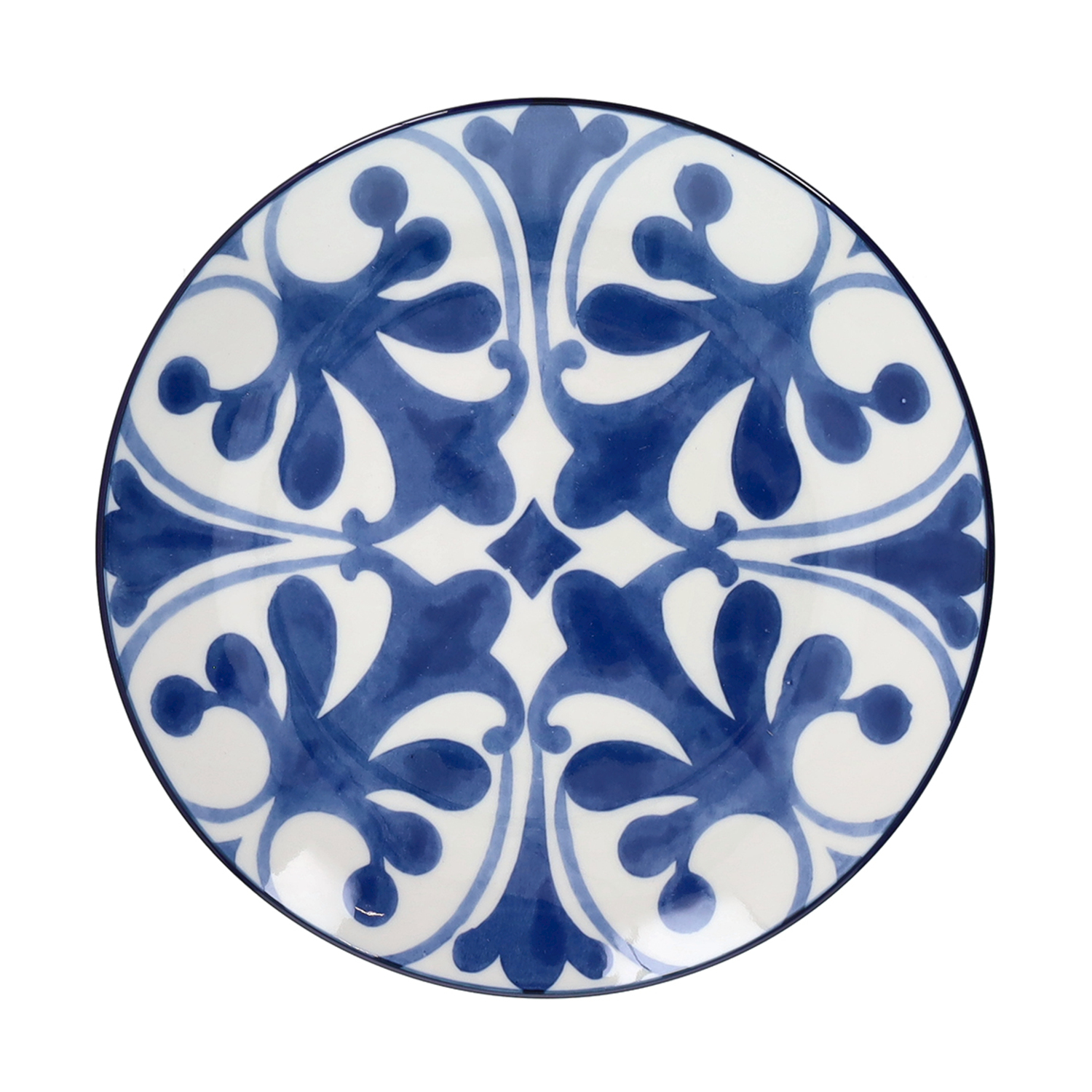 Piatto rotondo in ceramica bianca con motivo floreale blu e bordo nero.