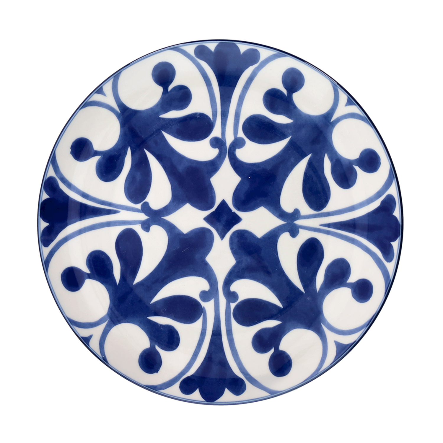 Piatto rotondo in ceramica bianca con motivo floreale blu.