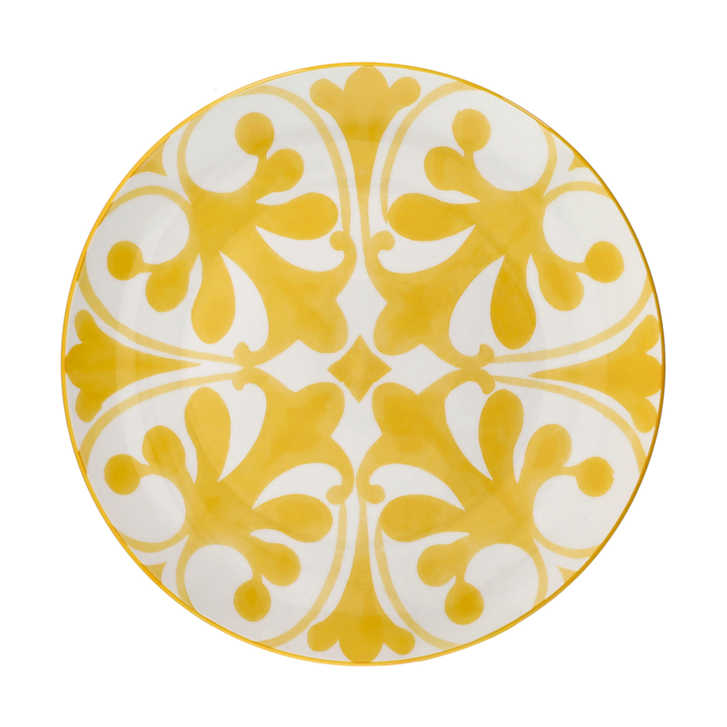Un piatto rotondo in ceramica bianca con un motivo decorativo giallo.