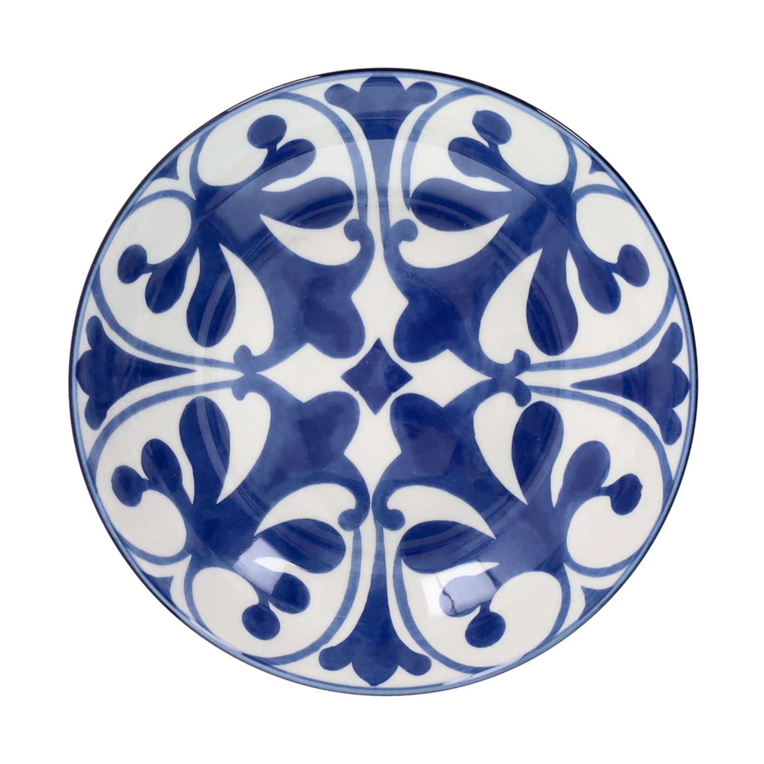 Ciotola rotonda in ceramica blu e bianca con motivo floreale.