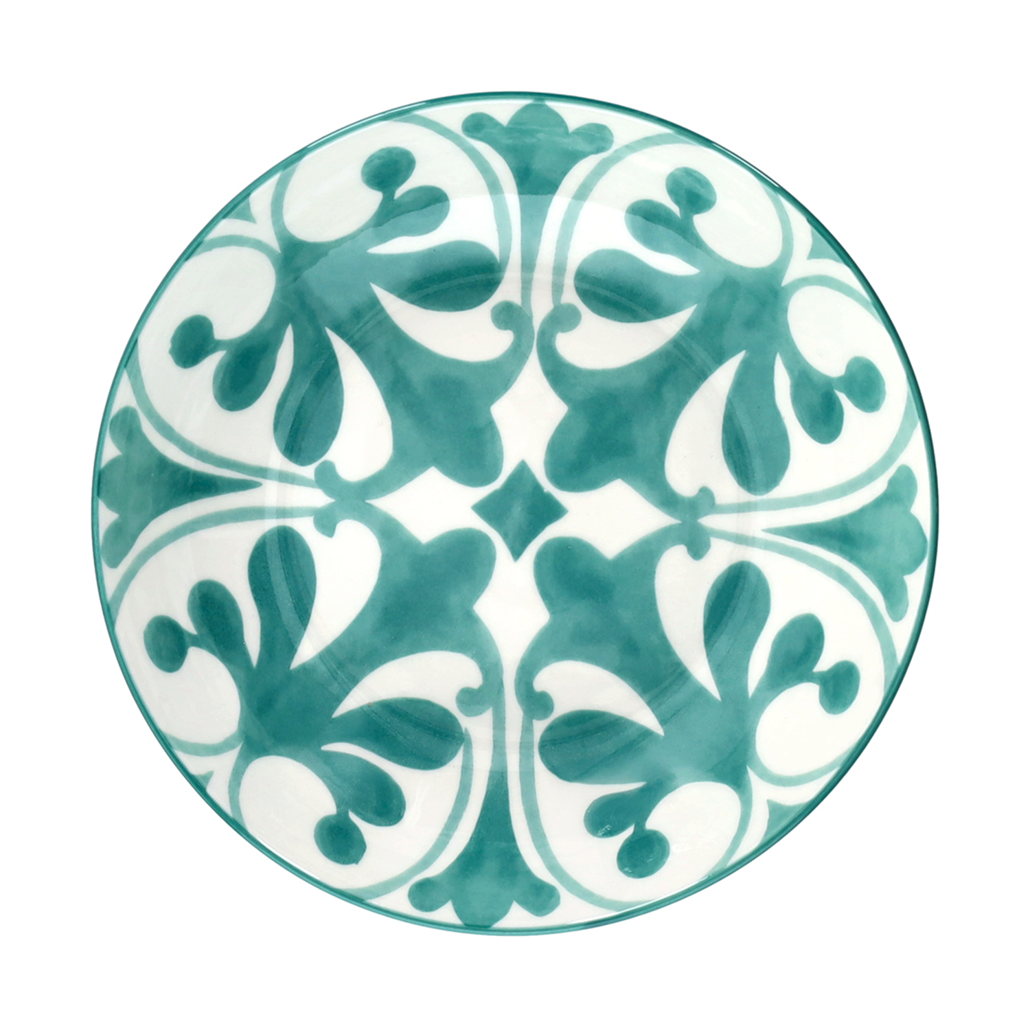 Piatto rotondo in ceramica bianca con motivo a foglie turchesi e accenti verdi.