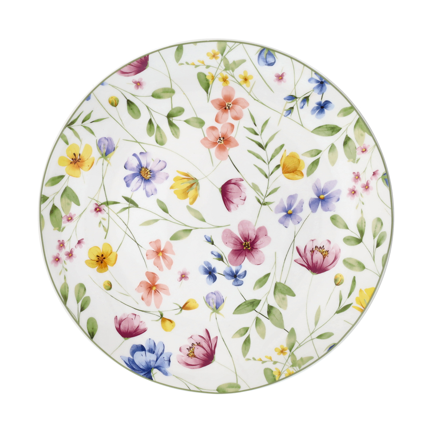 Un piatto bianco con un delicato motivo floreale di fiori rosa, gialli, blu e viola.