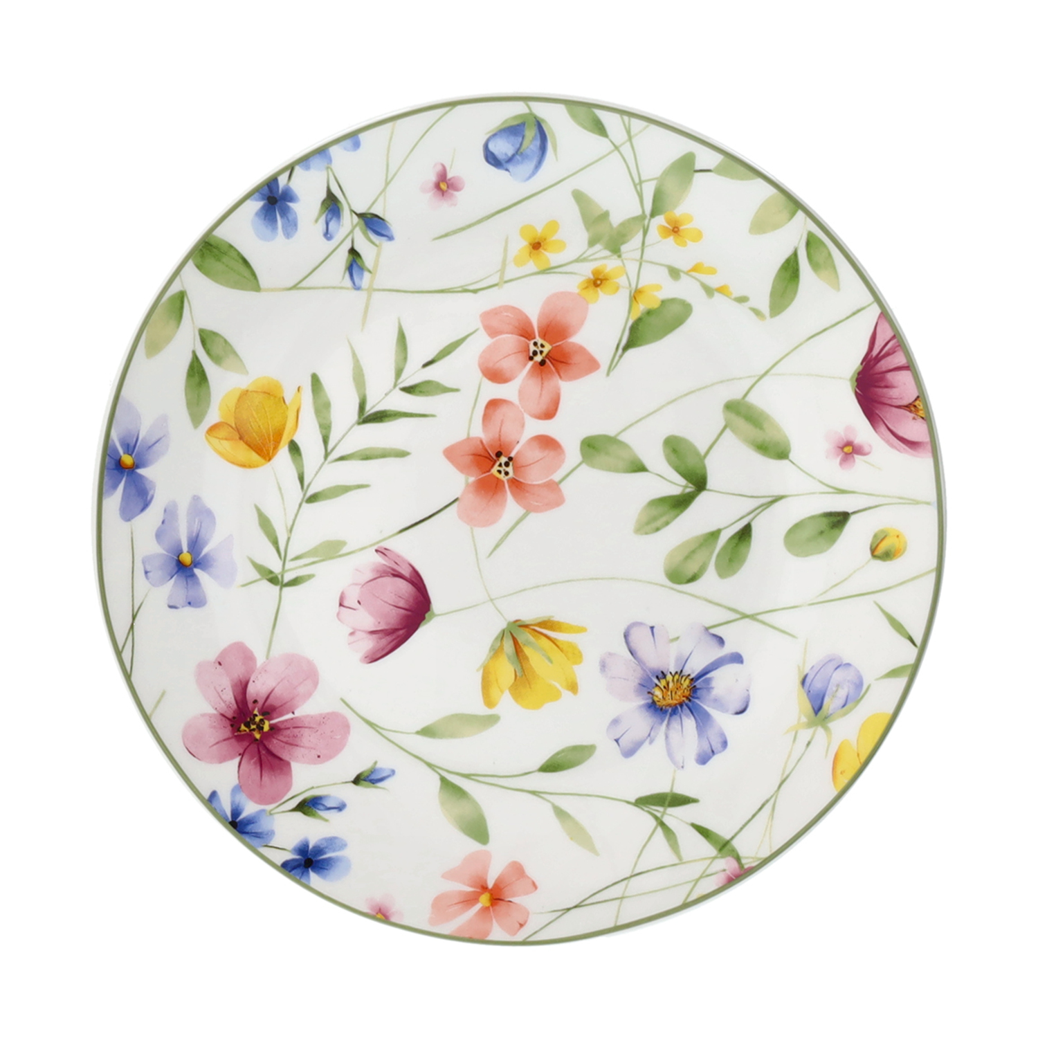 Un piatto bianco con un delicato motivo floreale rosa, giallo e blu.