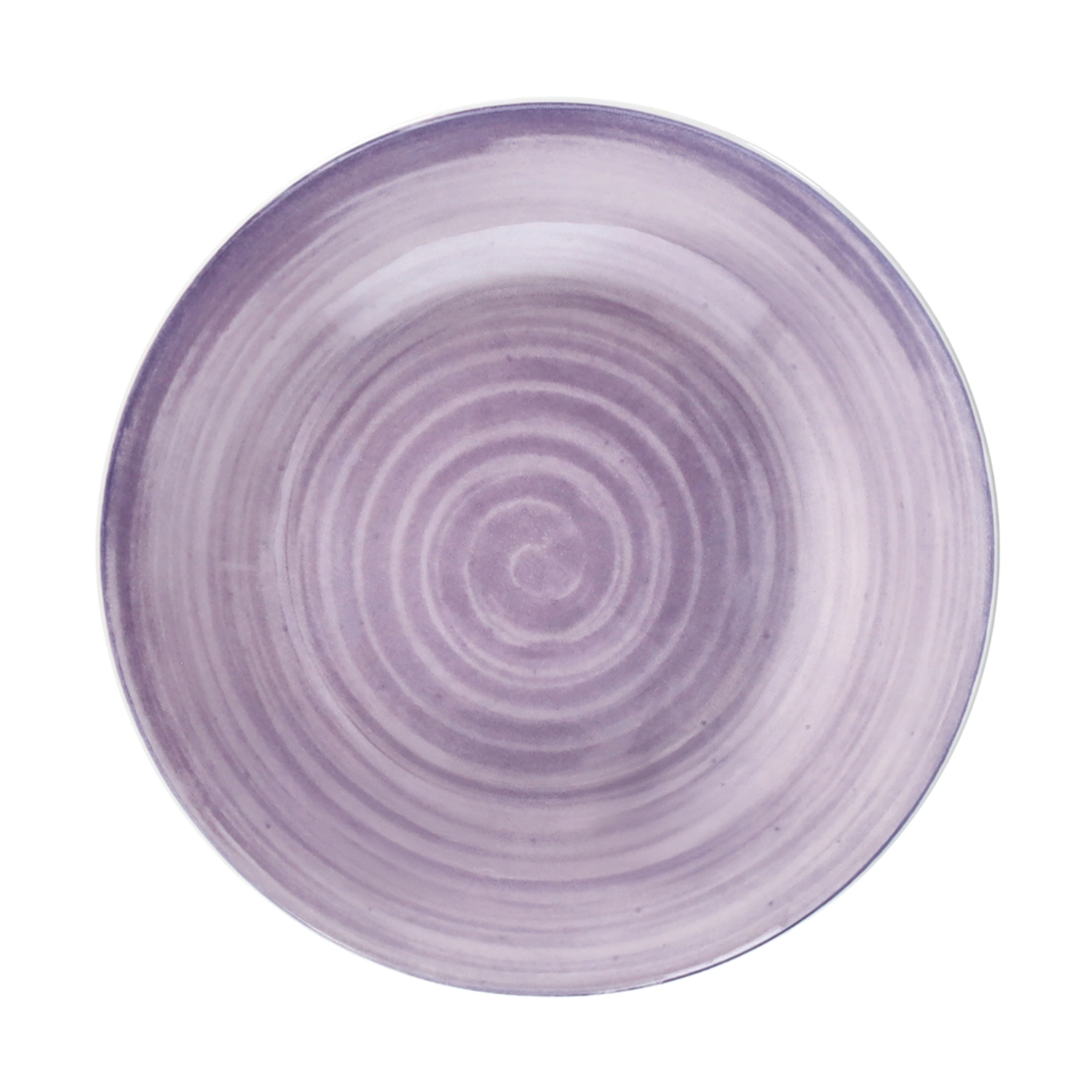 Un piatto piano color lavanda con un motivo a spirale.