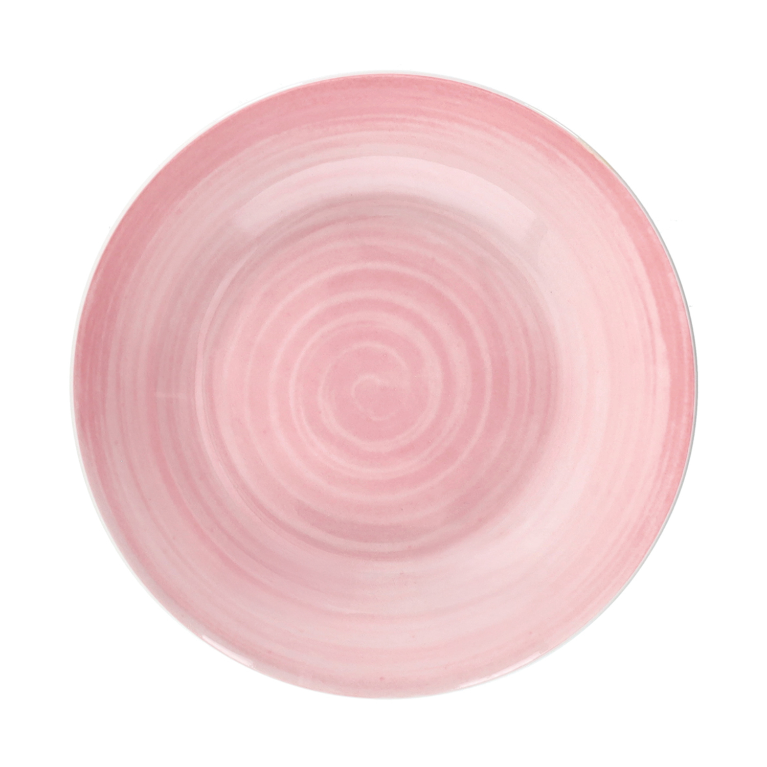 Un piatto in ceramica rosa con motivo a spirale.
