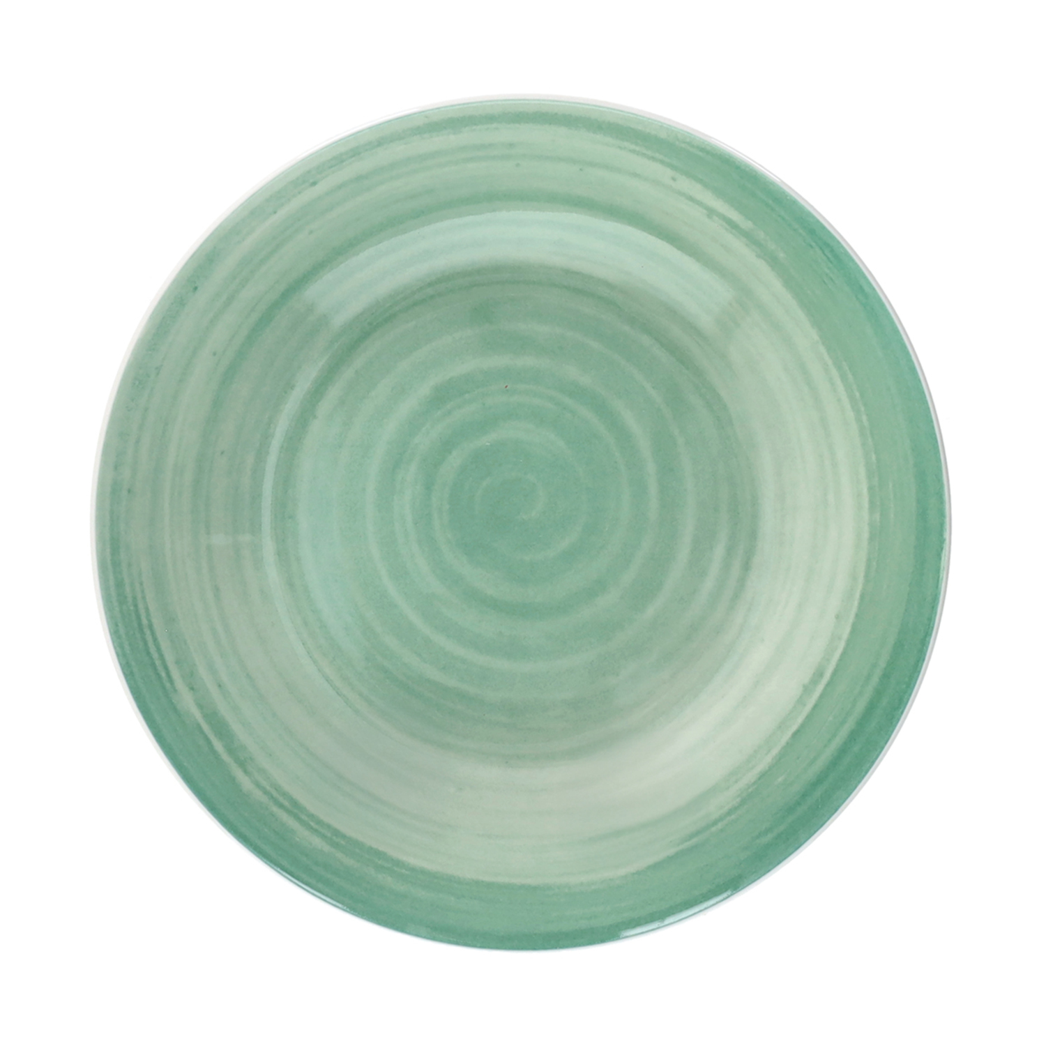 Piatto in ceramica verde con motivo a vortice.