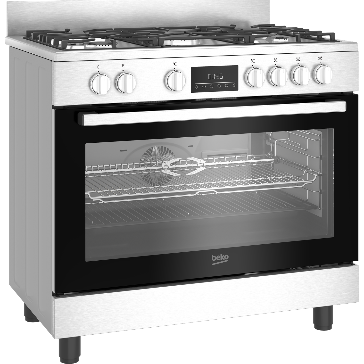 Moderne zilveren gasfornuis met vijf branders en een oven.