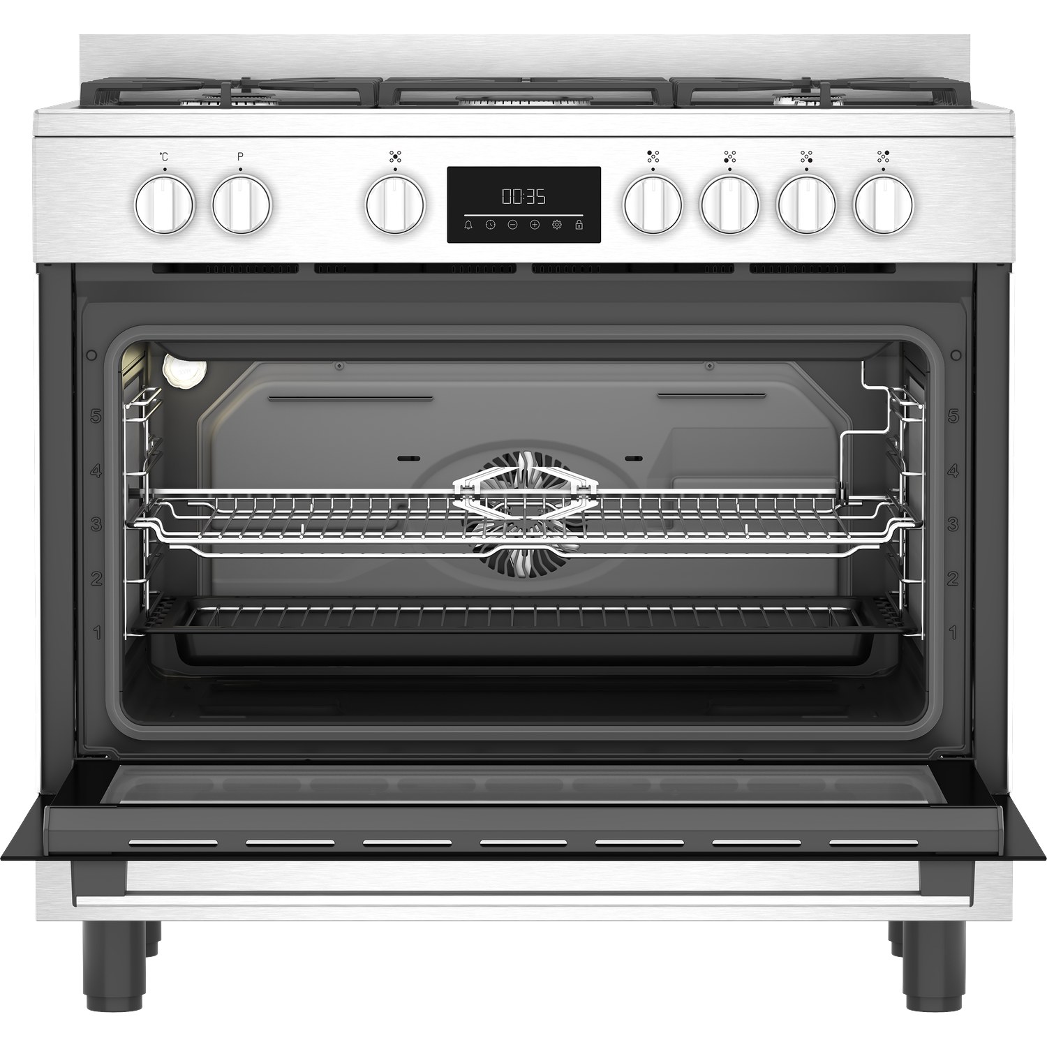 Een zilveren oven met geopende deur, met zichtbare binnenroosters en ventilator.