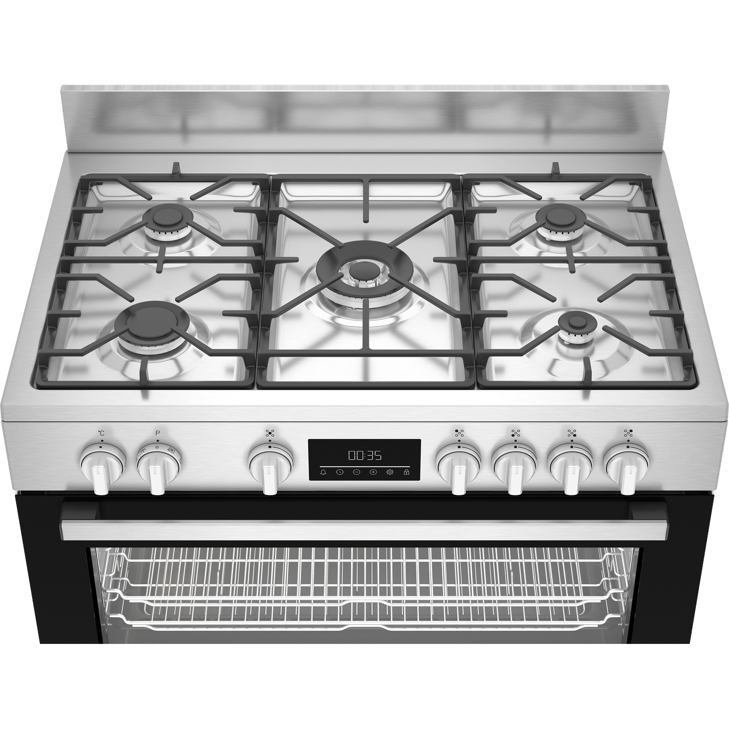 Een zilverkleurig gasfornuis met zes branders en een zichtbaar ovenraam.