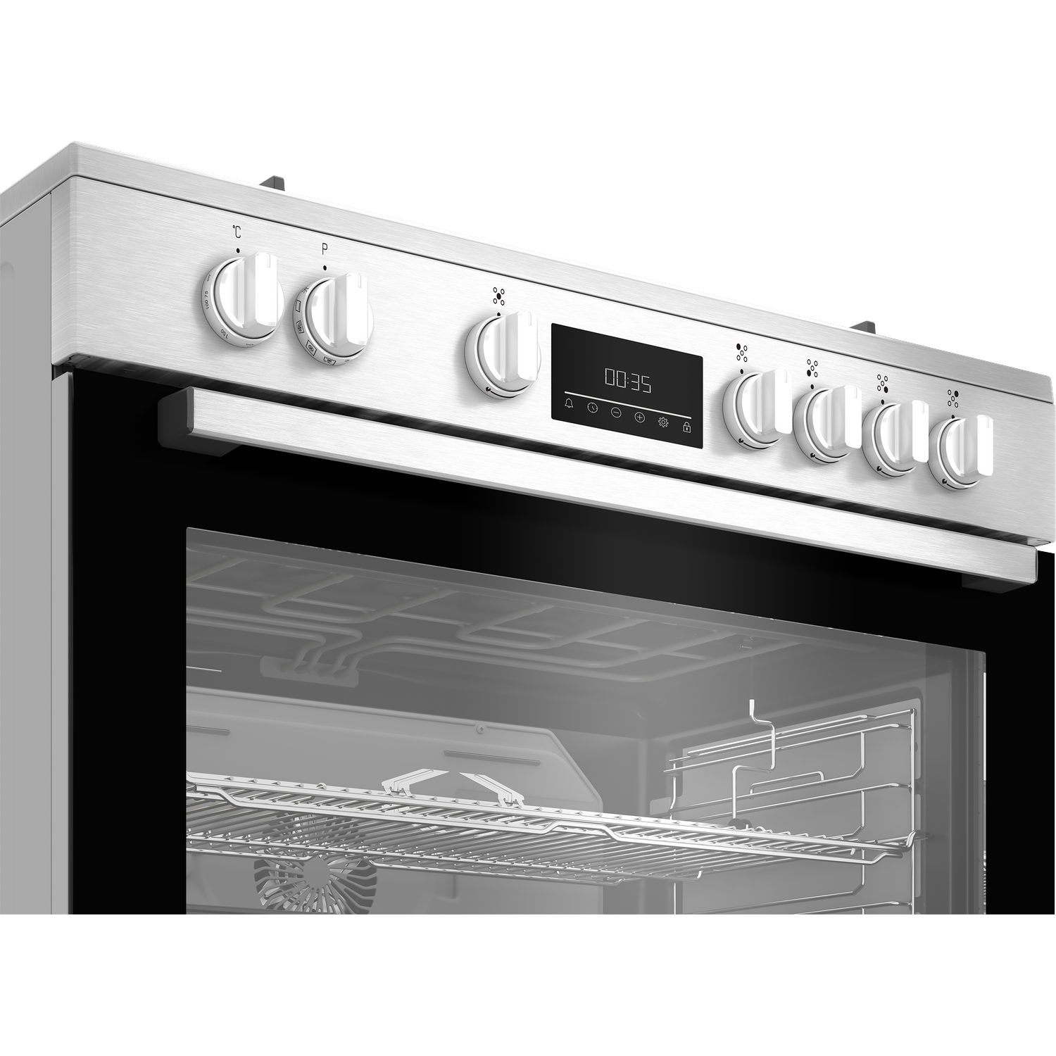 Moderne zilveren oven met digitaal display (00:35) en draaiknoppen.